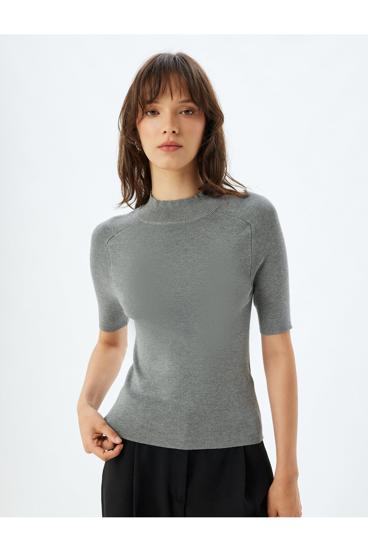 Koton  Kısa Kollu Triko Kazak Dik Yaka Fitilli - Görsel 3