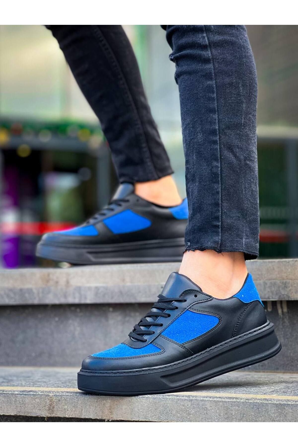 BOA-Kb-X8 Black Skin Blue Suede Detailed Black High Sole Casual Sneakers 3