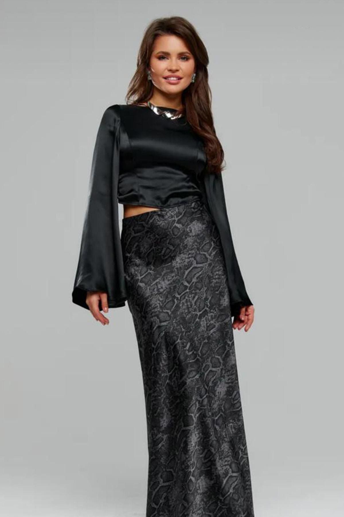 Madmext-Black Patterned Satin Women's Long Skirt Mg2333 5