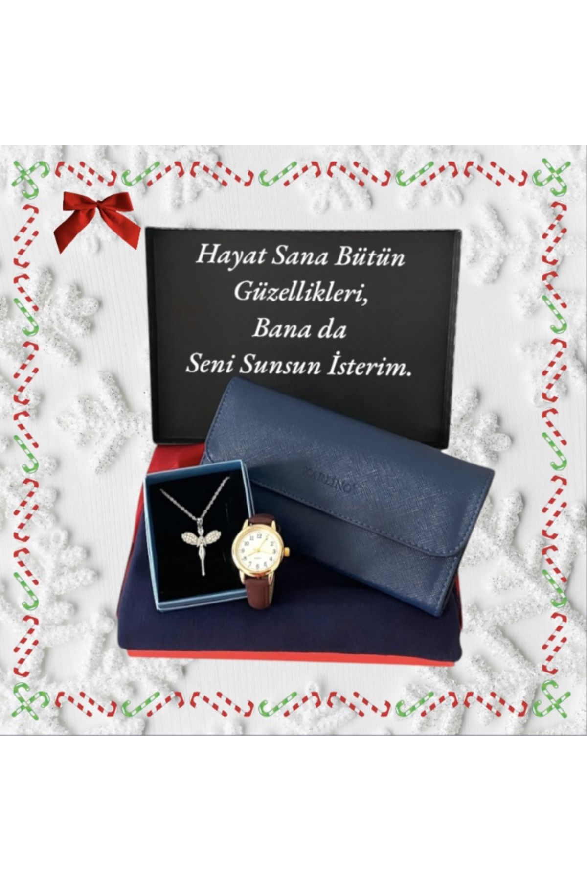 Carlino-Gift Set Claret Red Wrist Watch-Navy Wallet-Combed Shawl-Angel Wing Steel Necklace 1