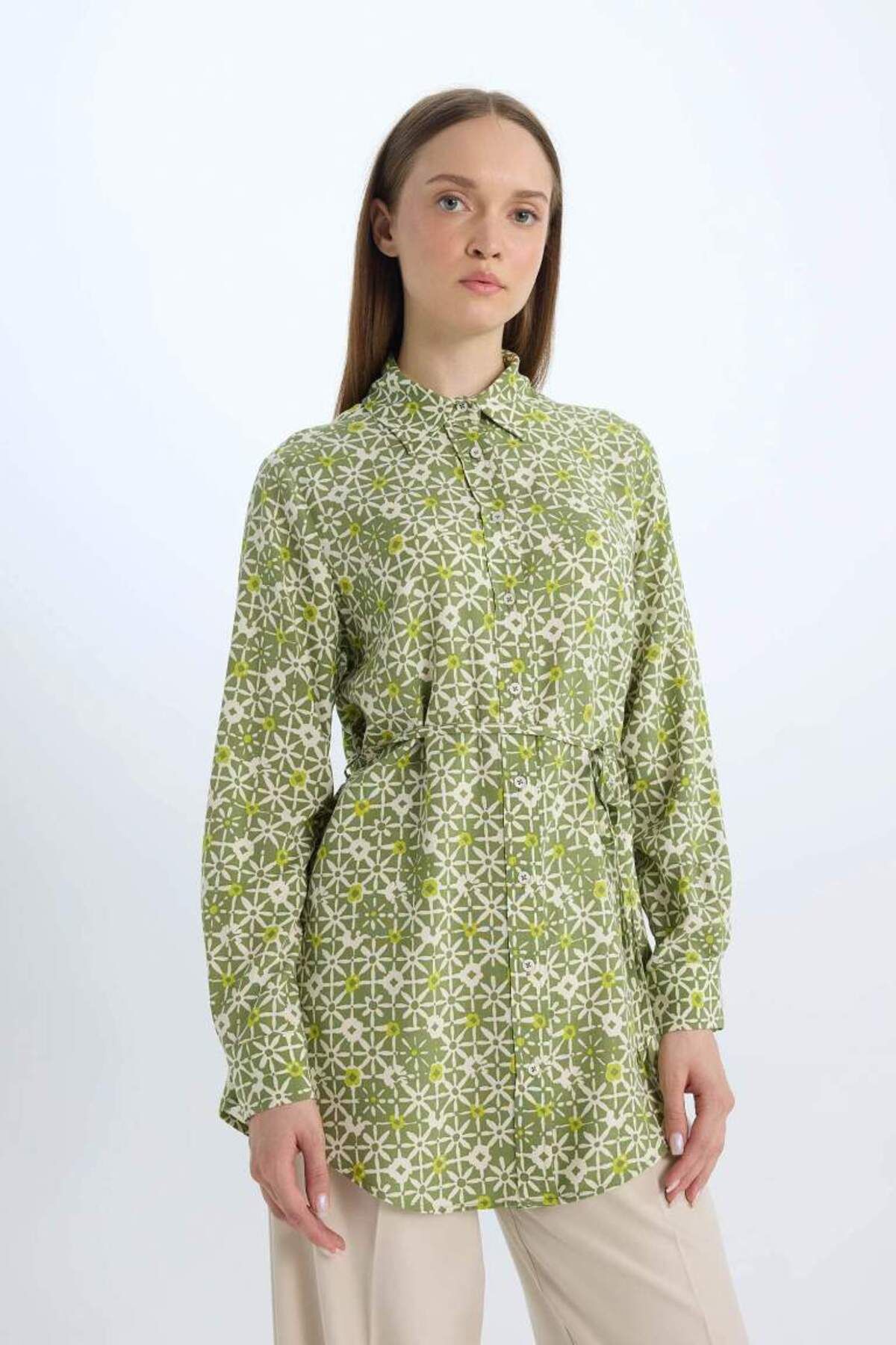 DeFacto-New Season Regular Fit Patterned Belted Long Sleeve Shirt Tunic 4