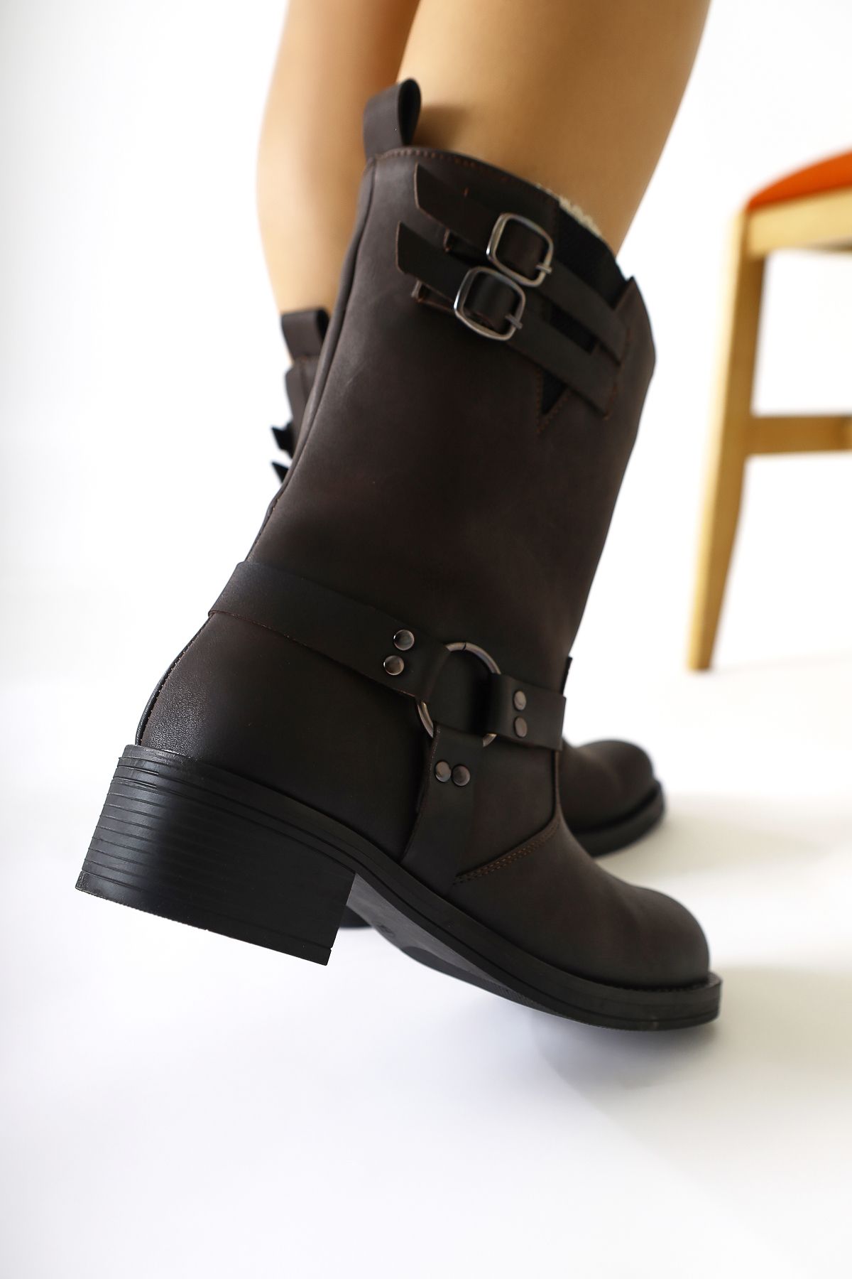 Limoya-Maggie Brown Buckle Detailed Elastic Long Women's Boots 5