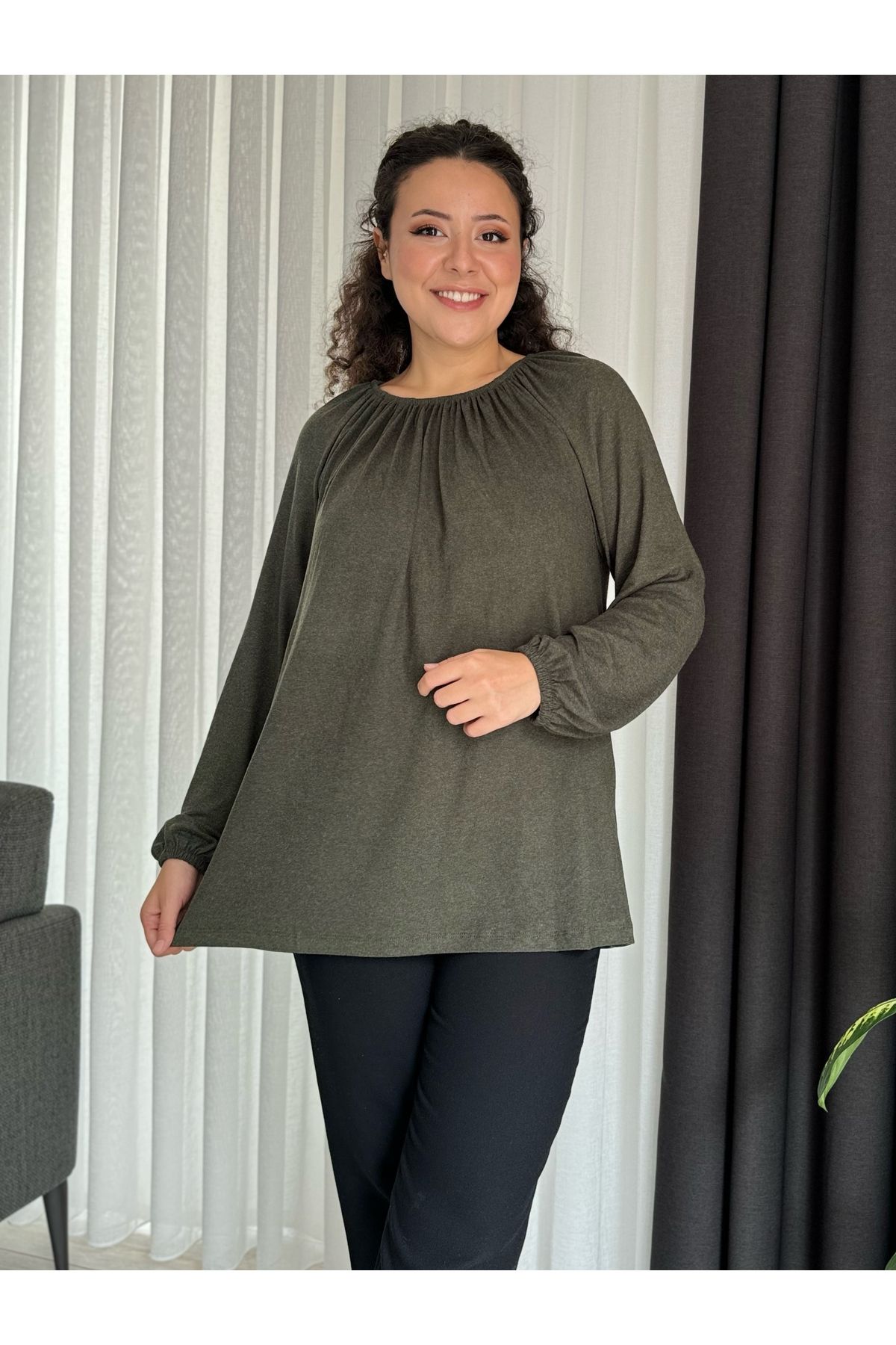 LİKRA-Women's Large Size Madonna Collar Wool Viskose Bluz 1