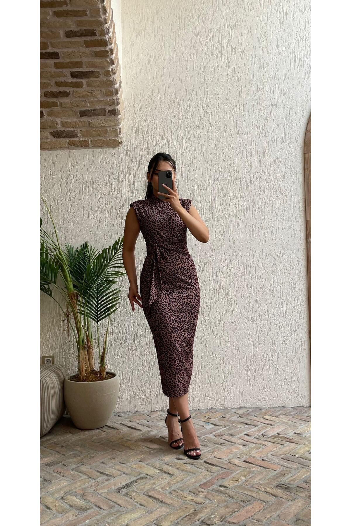 Madmext-Leopard Print Sash Detailed Women's Midi Length Dress Mg2268 4