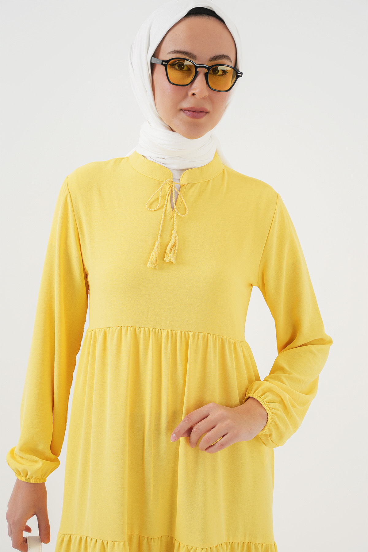 Bigdart-1627 Collar Lace-Up Hijab Dress - Lemon Yellow 4