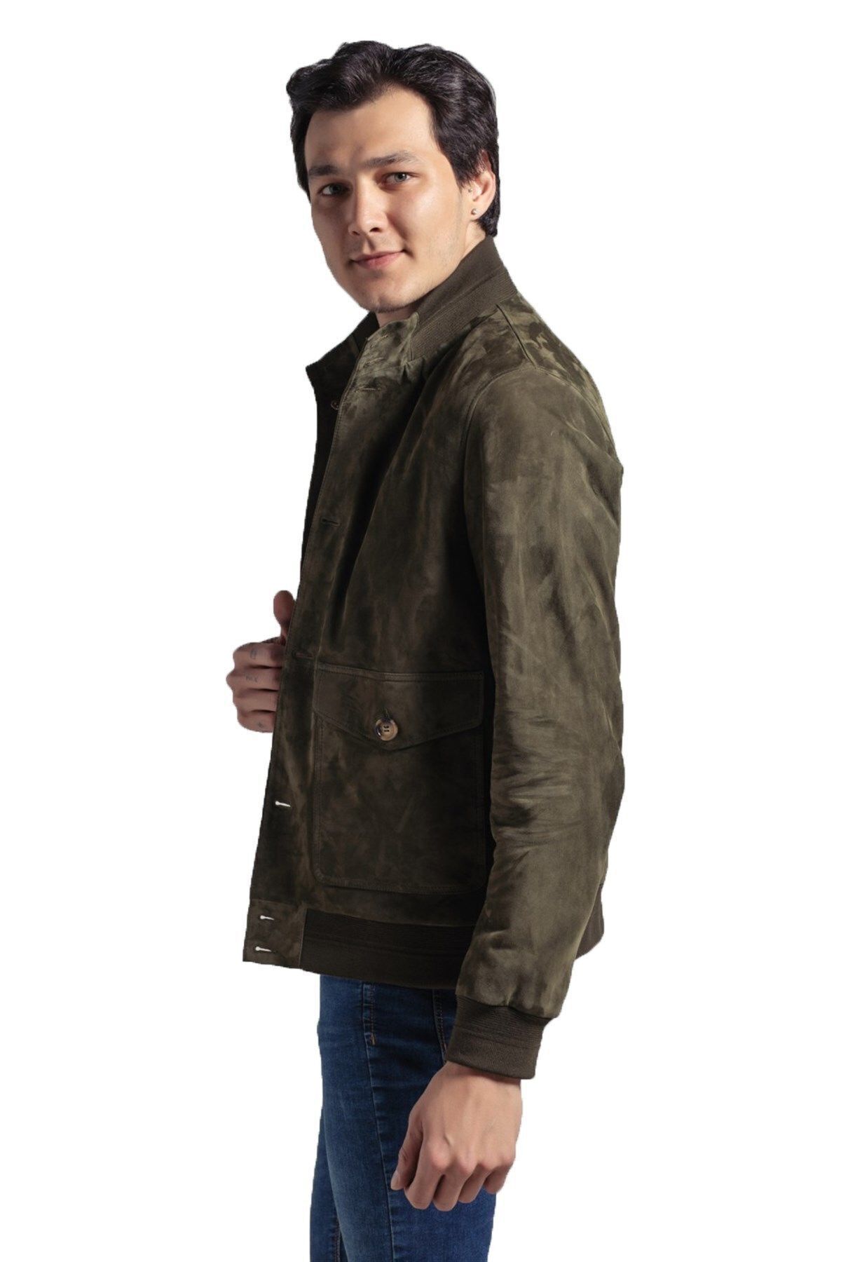 Deriderim-Green Knox Men's Buttoned Lined Waist and Sleeve Knitwear College Genuine Suede Coat 7