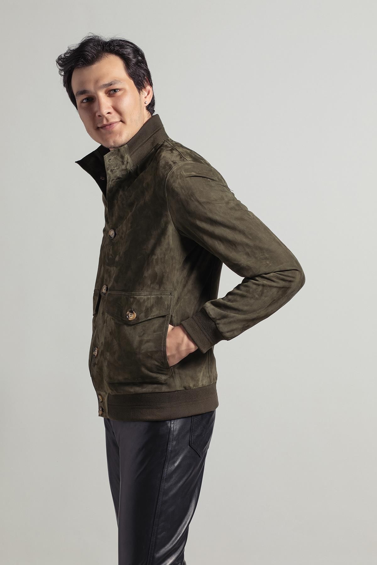 Deriderim-Green Knox Men's Buttoned Lined Waist and Sleeve Knitwear College Genuine Suede Coat 5