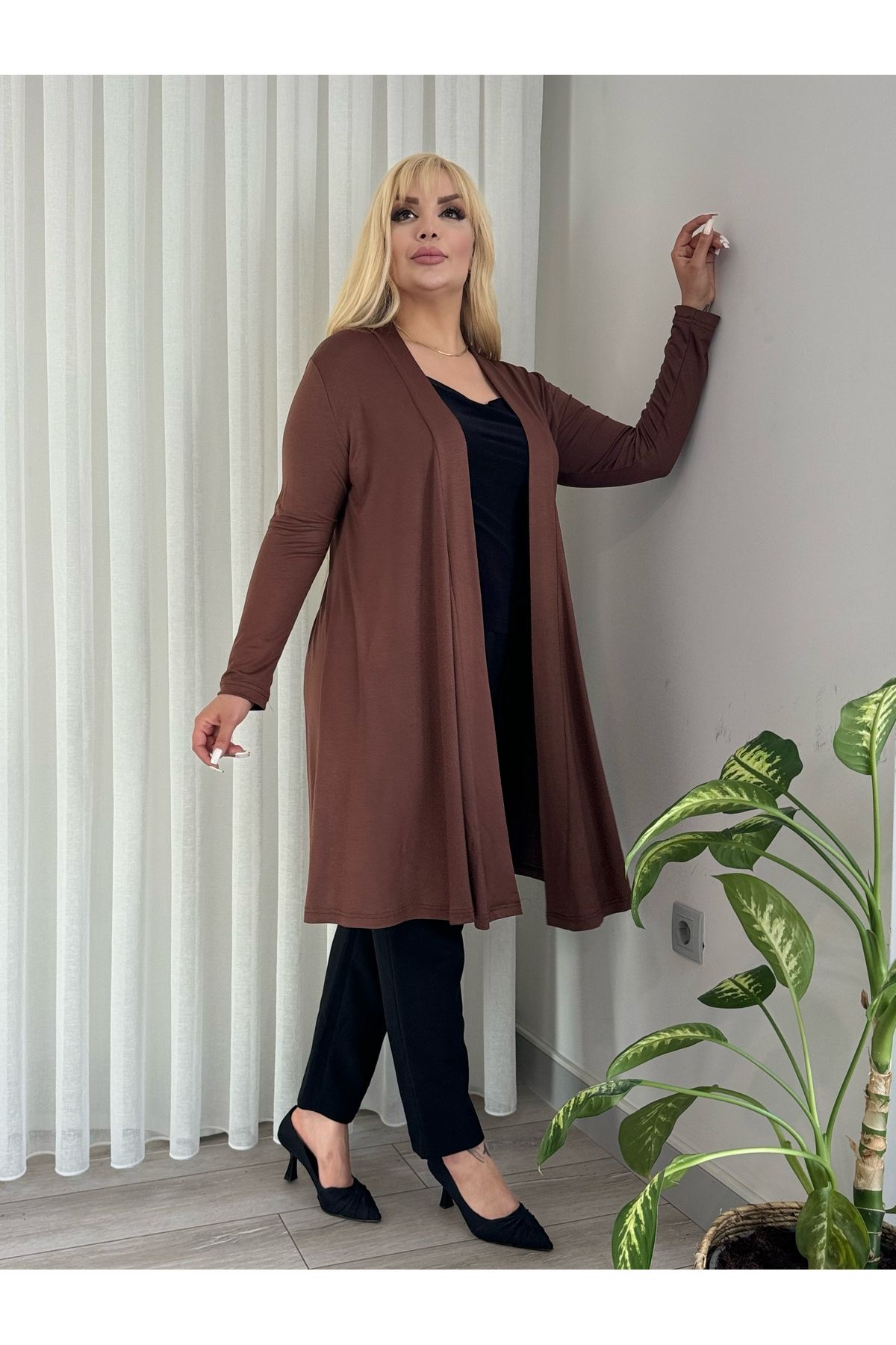 LİKRA-Women's Large Size Asymmetric Cut Flexible Cardigan (Accessory Not Included) 2