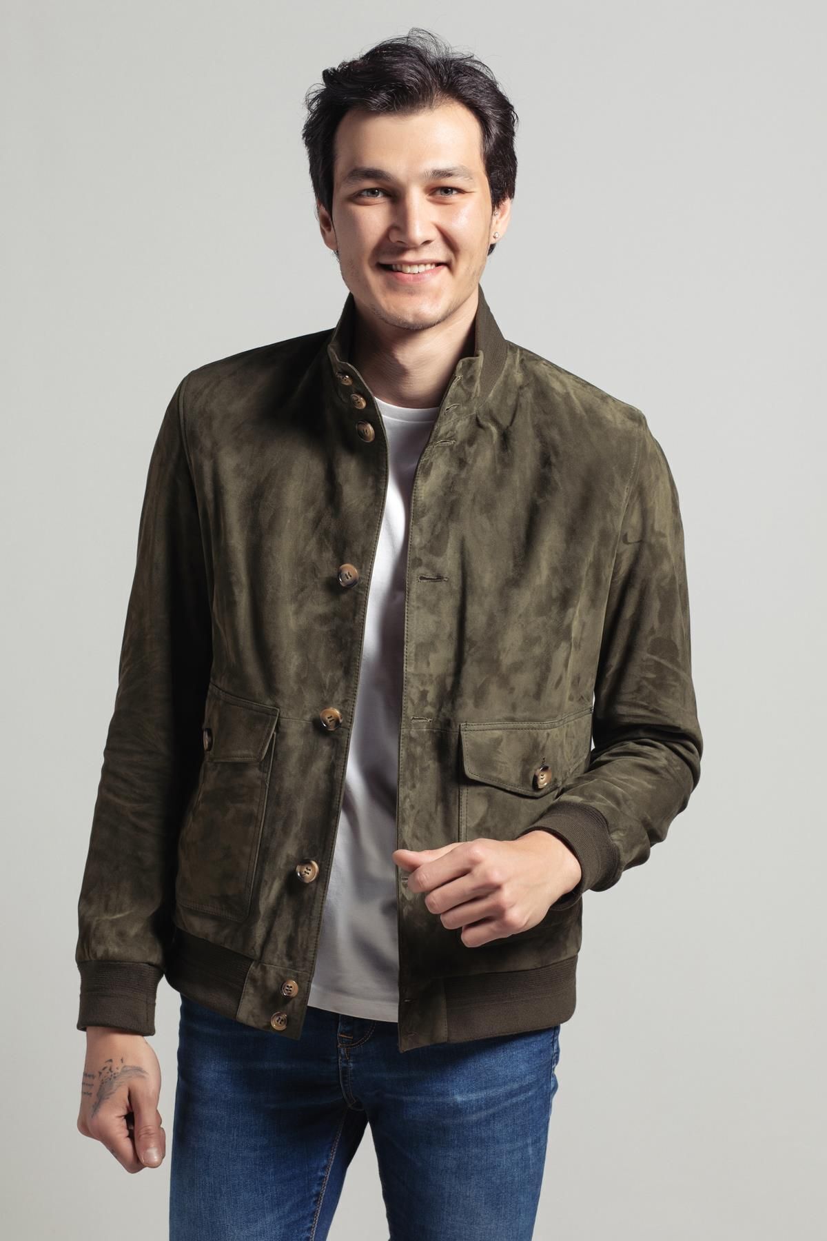 Deriderim-Green Knox Men's Buttoned Lined Waist and Sleeve Knitwear College Genuine Suede Coat 3