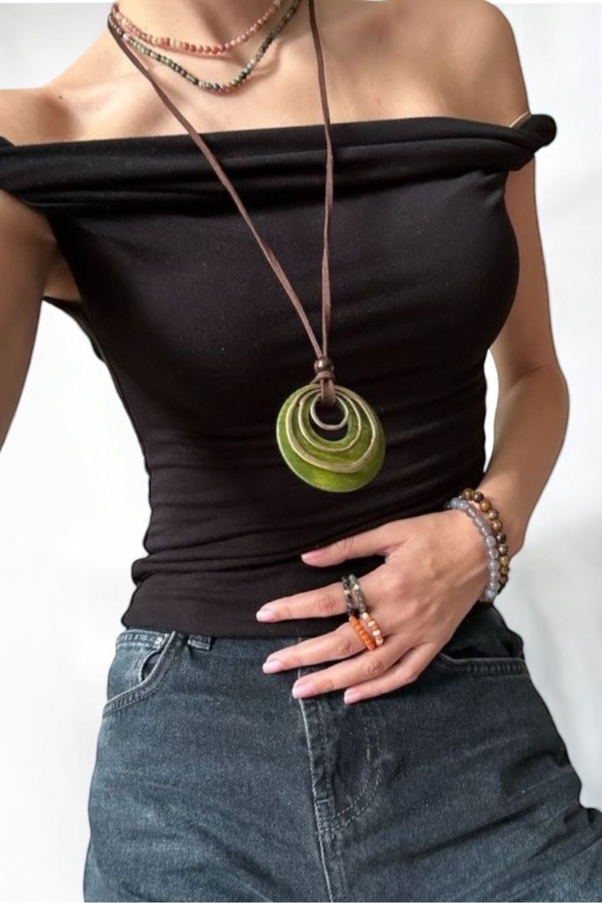 Huit-Spiral Bohemian Green Rope Necklace Can Also Be Used Short 2