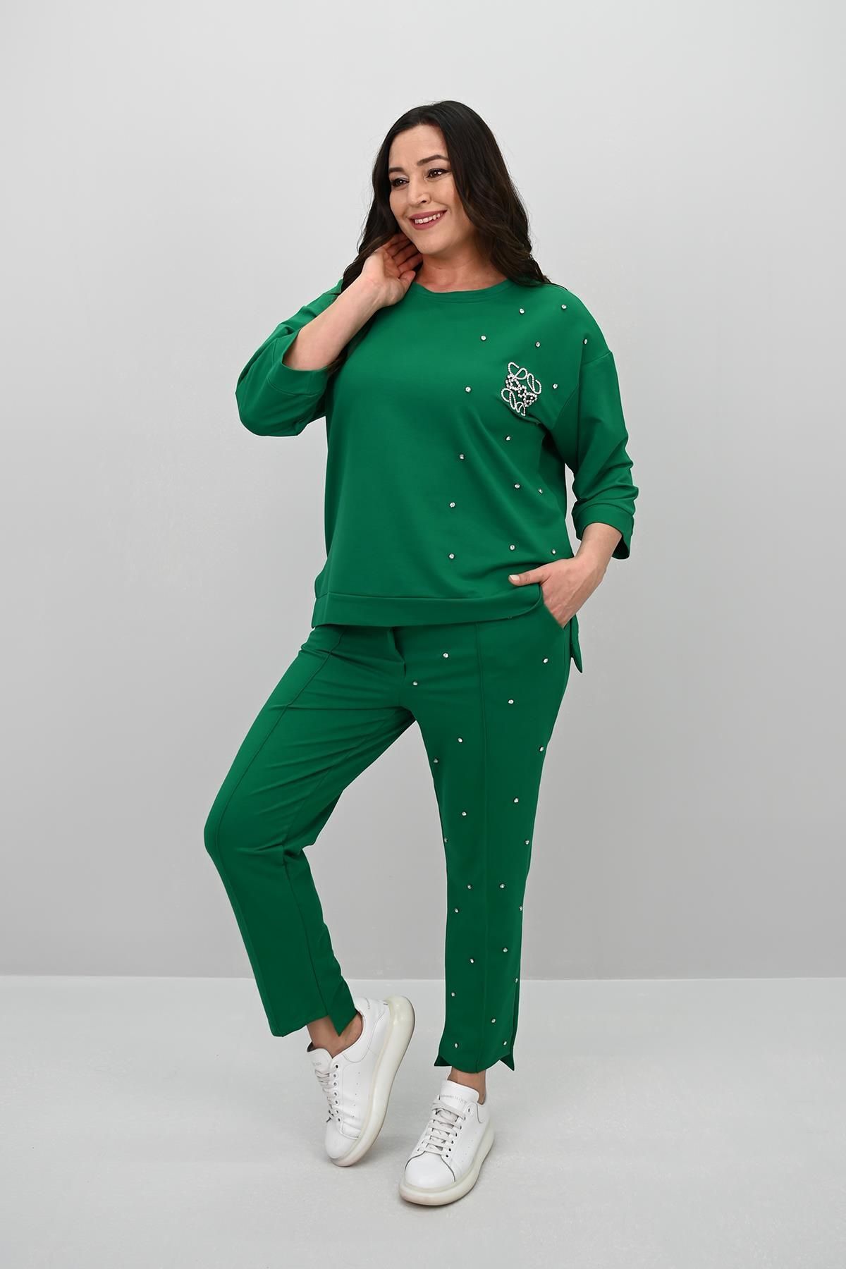 Koza Butik-Women's Large Size Three Quarter Sleeve Stonework Detailed Tracksuit Set 8147-25 2