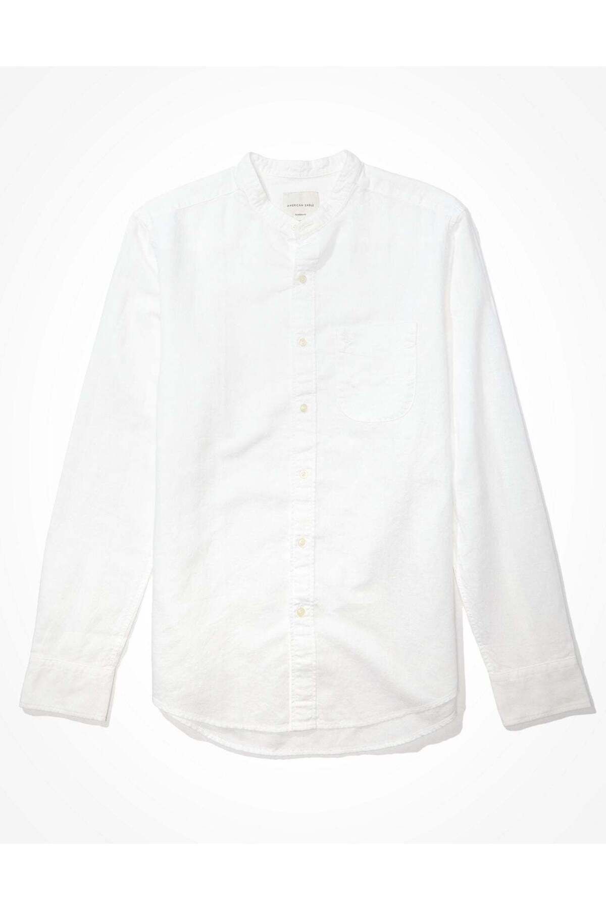 AMERICAN EAGLE-قميص AE Linen Band Collar بأزرار 3