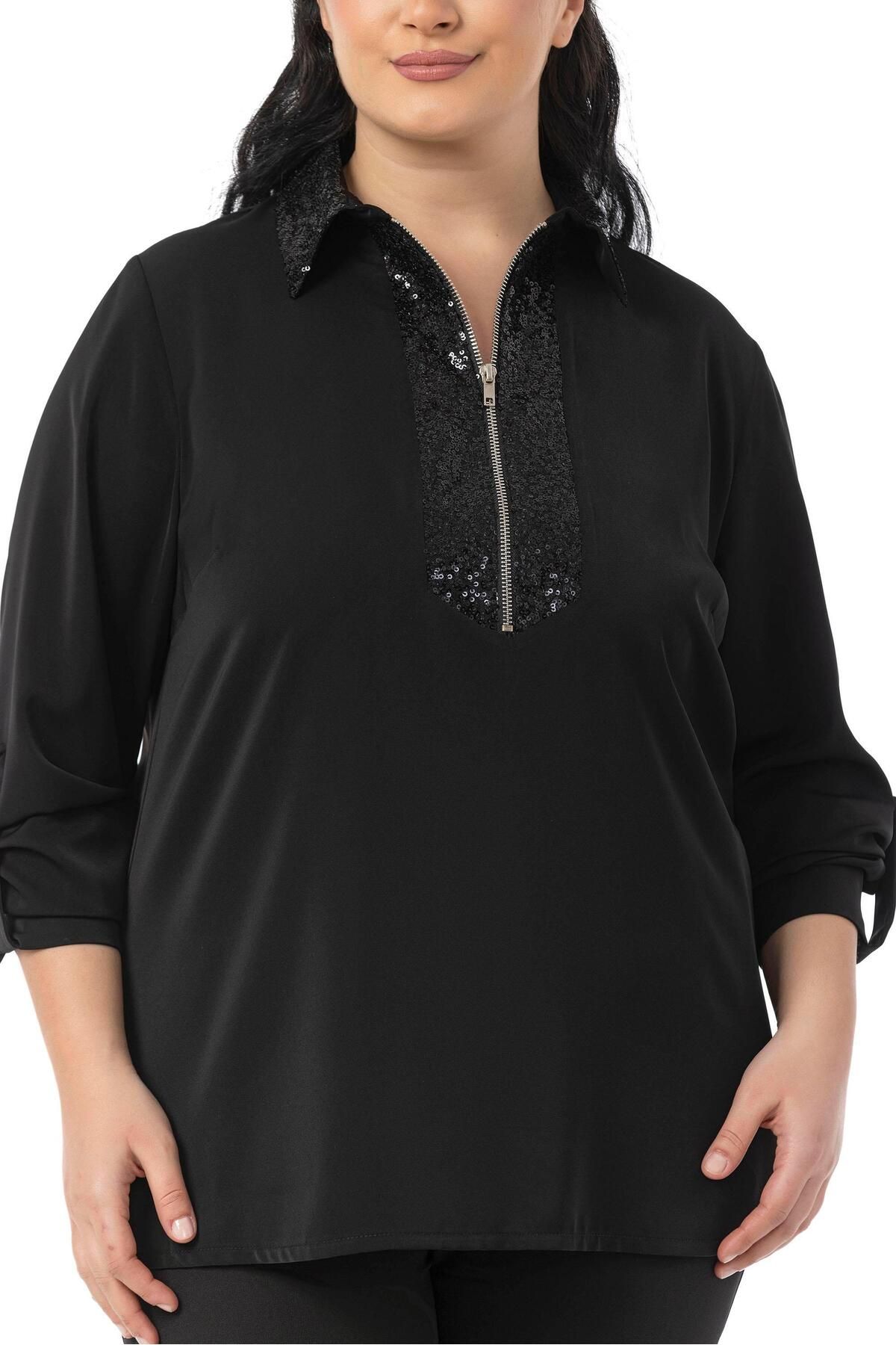 DISENTIS MODEST-Plus Size Collar and Front Sequined Zipper Fold Sleeves Black Shirt 4