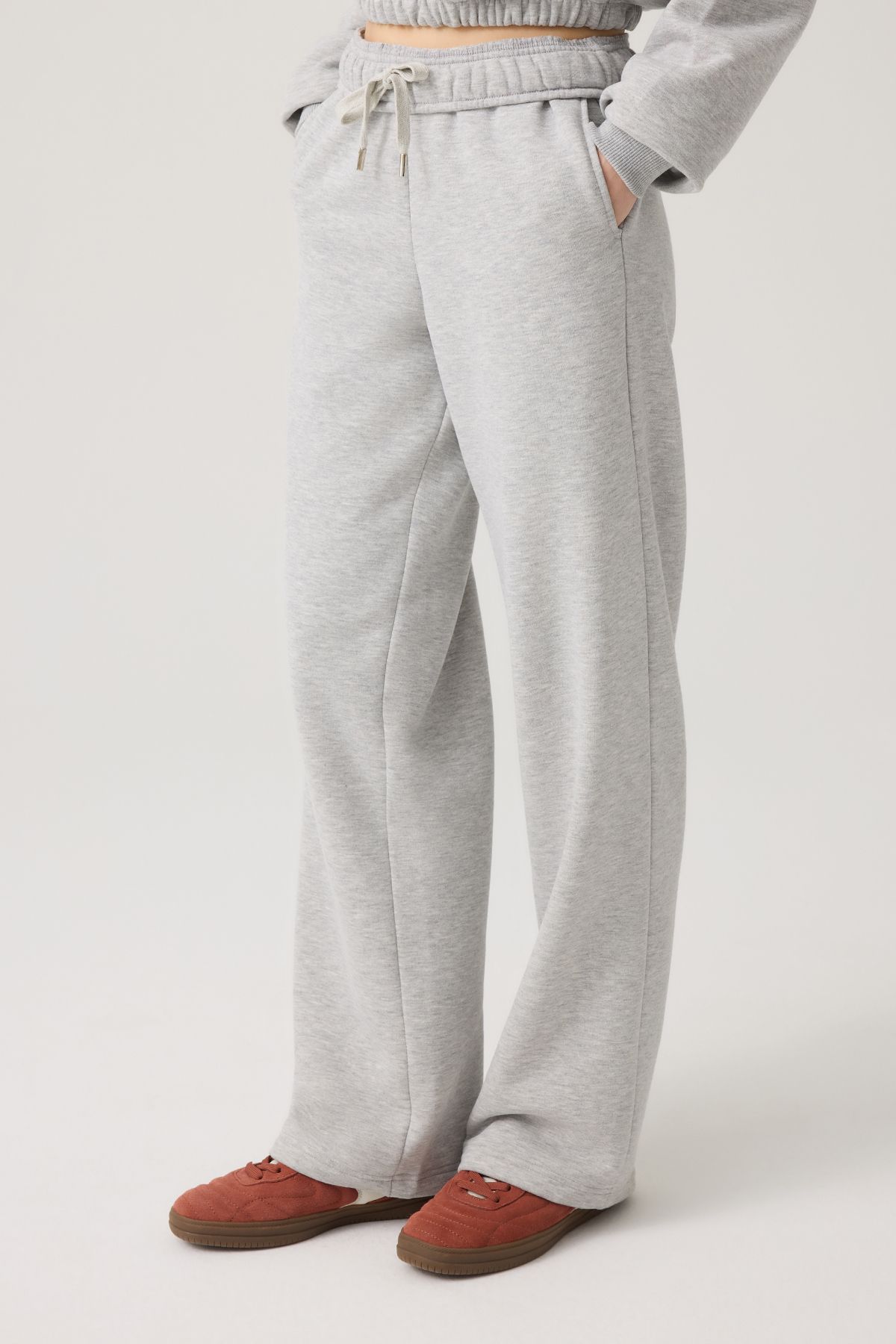 LOS OJOS-Gray Melange Wide Fit Wide Leg Sweatpants Straight Leg 1