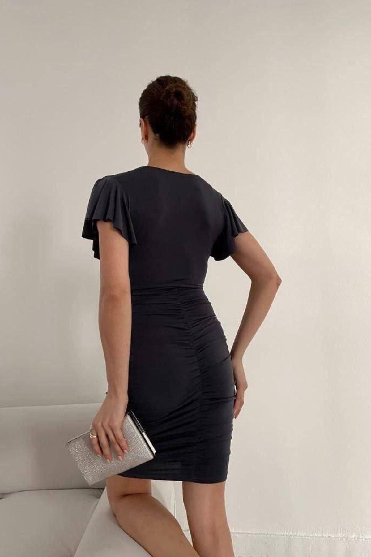 Mossta-Anthracite Sandy Dress - Double Breasted Neckline and Sleeve Detail 5