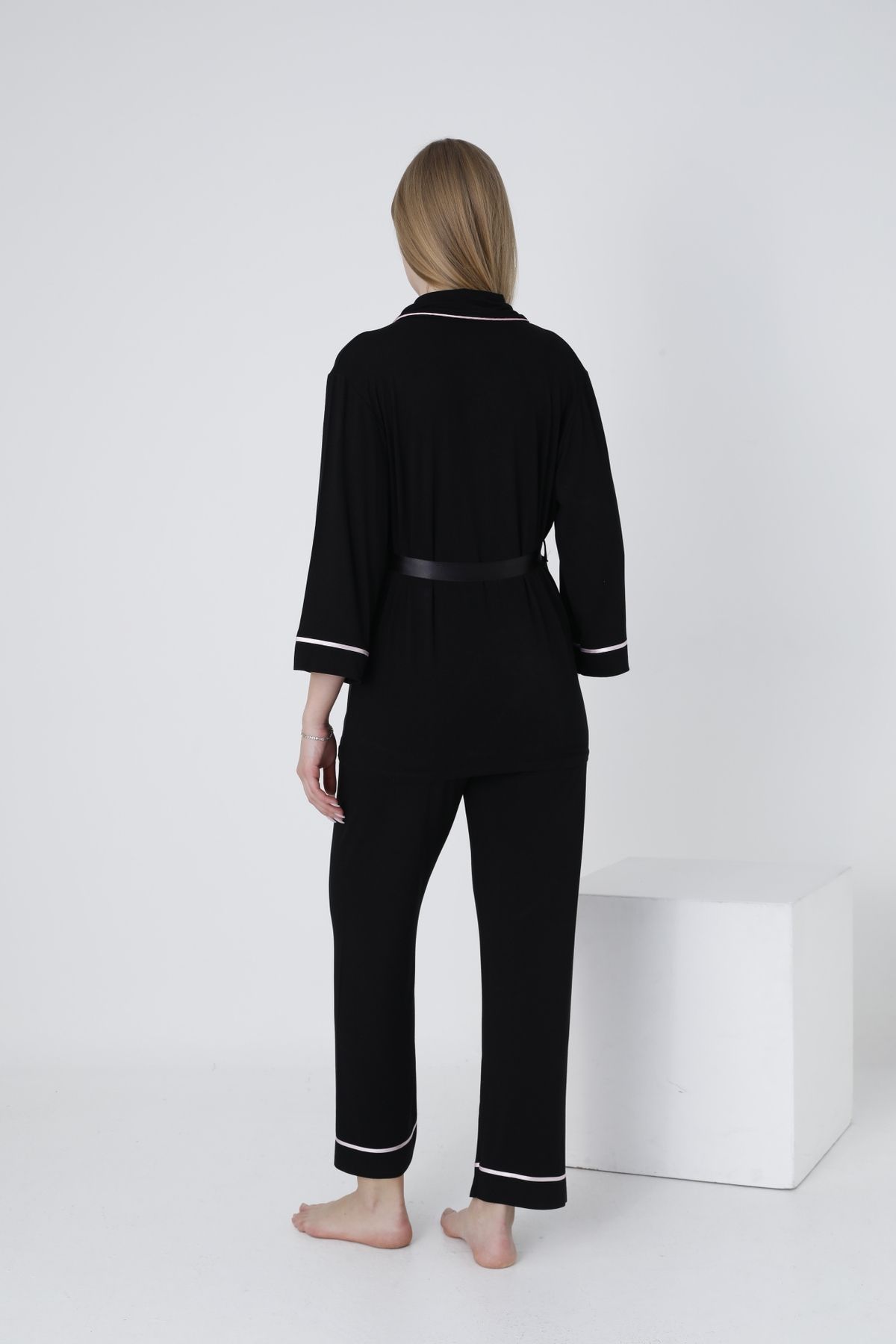 Miss Dünya Lissa-Pregnant and Maternity Pajamas Set with Front Tie and Large Stripe Collar 5