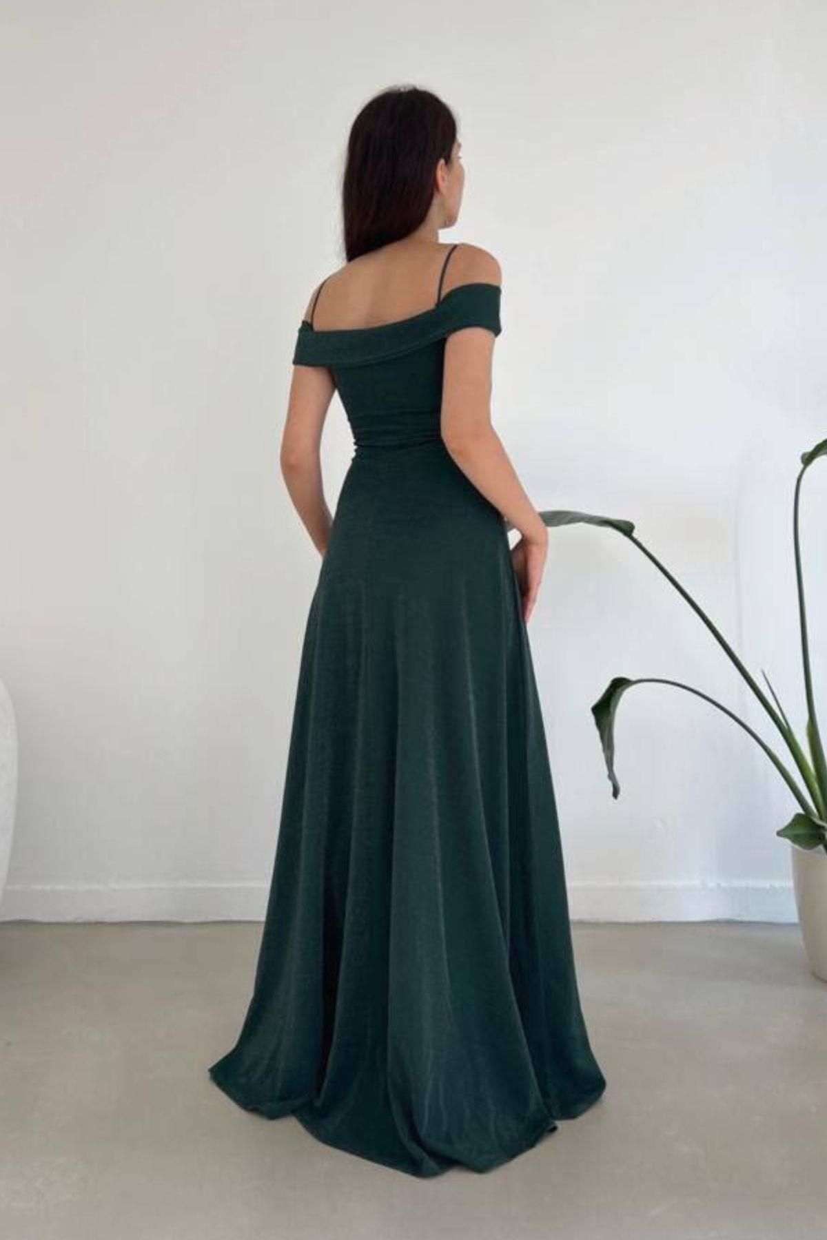 Mossta-Green Short Strap Slit Long Evening Dress 4