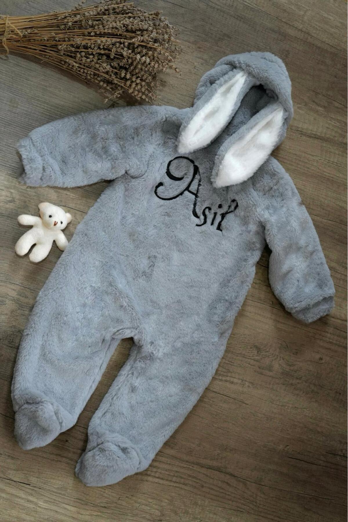 tinykiddesign Bebek Welsoft Tavşan Kulaklı Tulum Pamuklu Kapşonlu Yumuşak Tulum Kişiye Özel Isimli Nakışlı fotoğrafı 3 (önizleme)