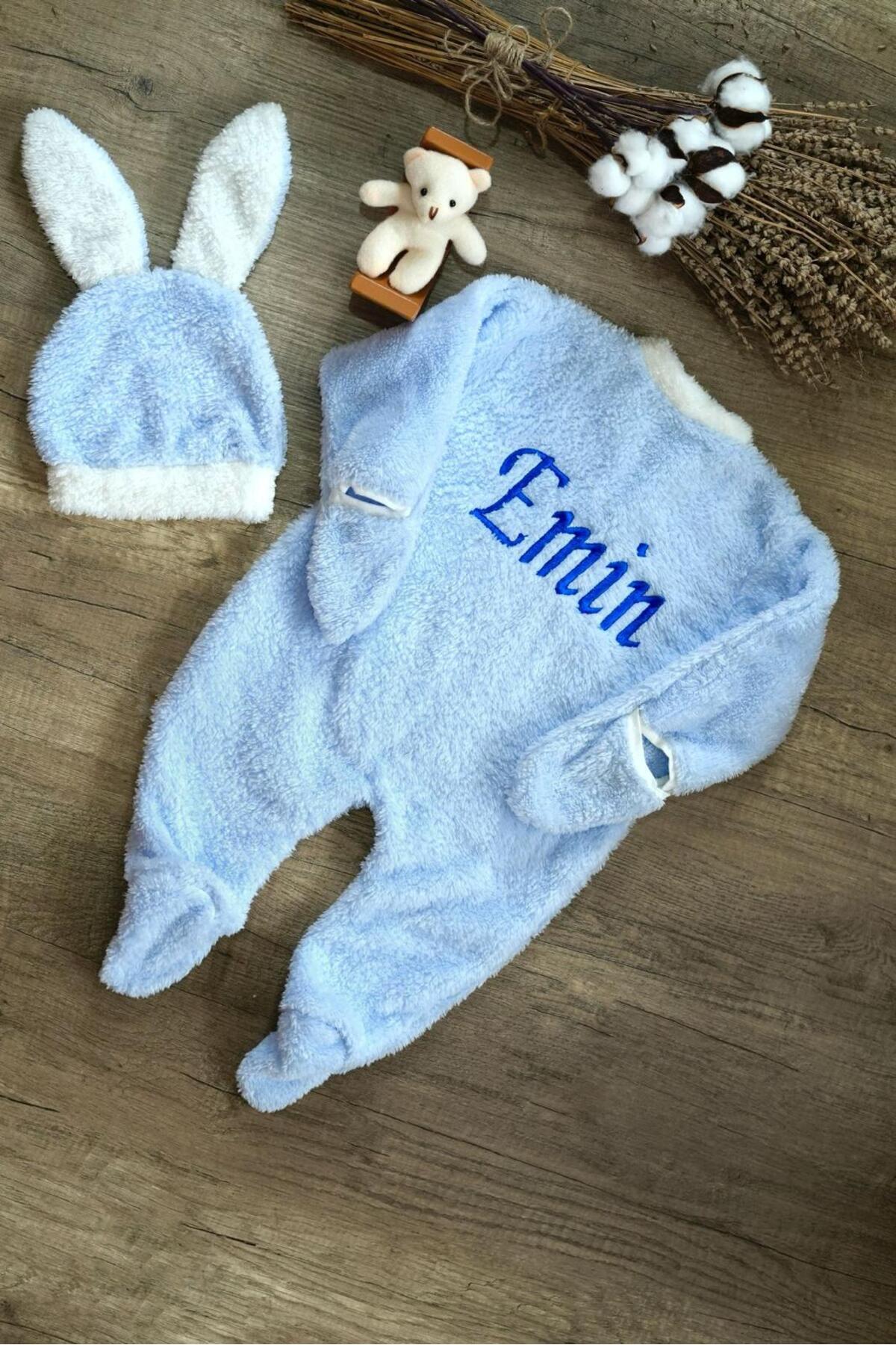 tinykiddesign Bebek Welsoft Tavşan Kulaklı Tulum Ve Şapka Yumuşak Tulum Kişiye Özel Isimli Nakışlı fotoğrafı 4 (önizleme)