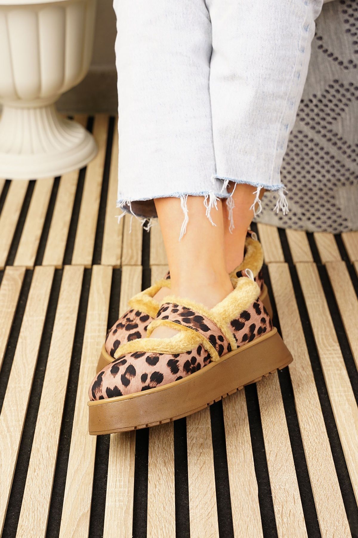 Nstil-Balerini leopard de zi cu zi pentru femei, piele intoarsa, talpa groasa zimtata, curea cu varf oval detaliat 500h 4