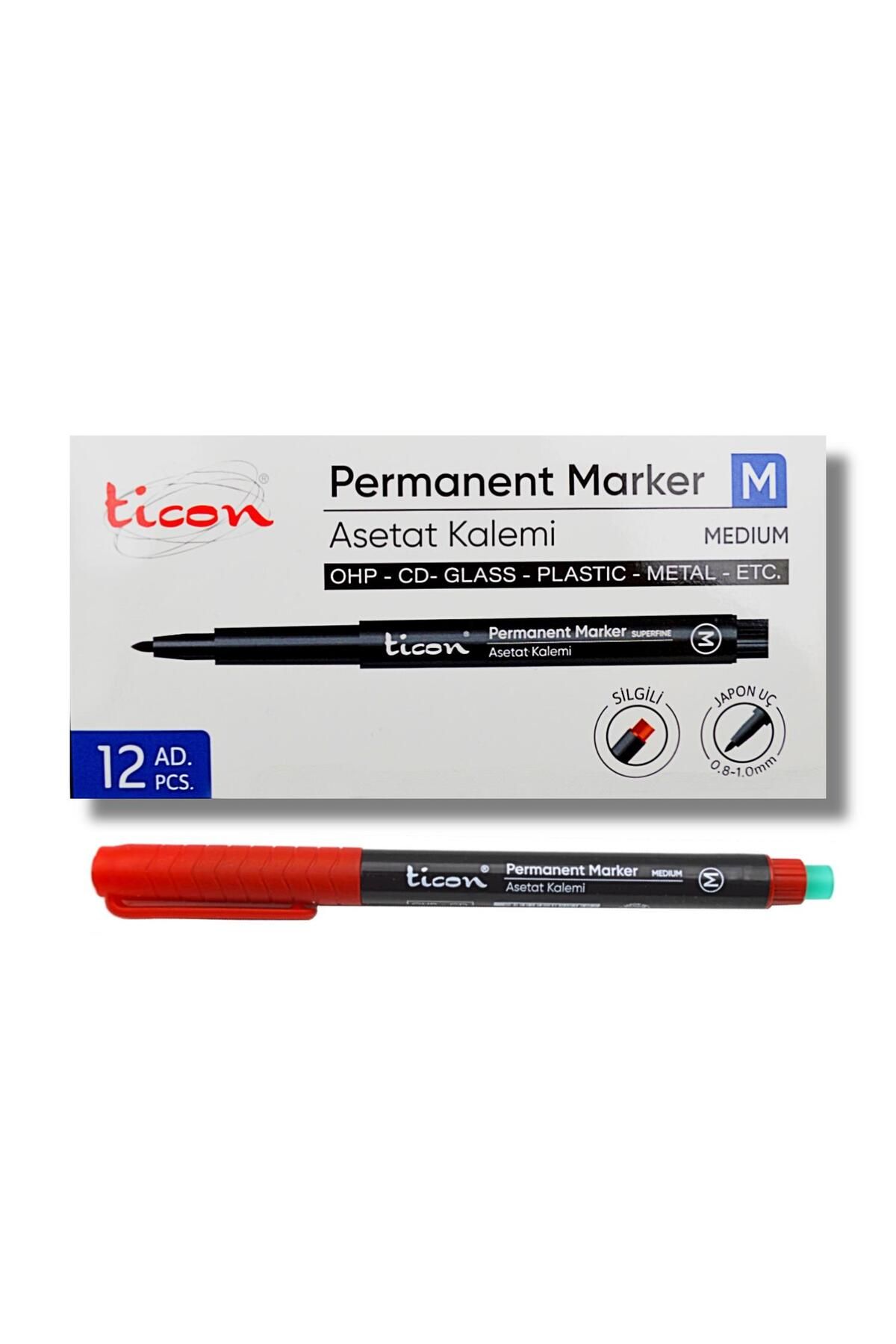 Ticon Permanent Asetat Kalemi M Uç Silgili KIRMIZI 12 Adet