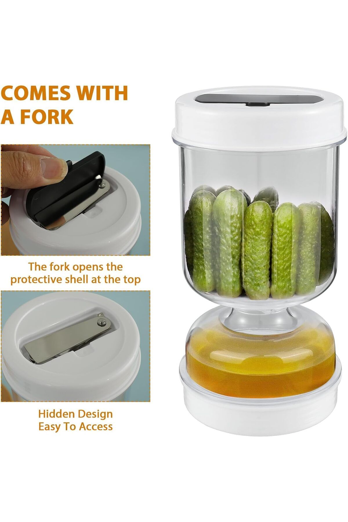COOYA-Pickle Container,with Strainer, Wet And Dry Separation Pickle and Olive Jar,with Fork Leakproof 5