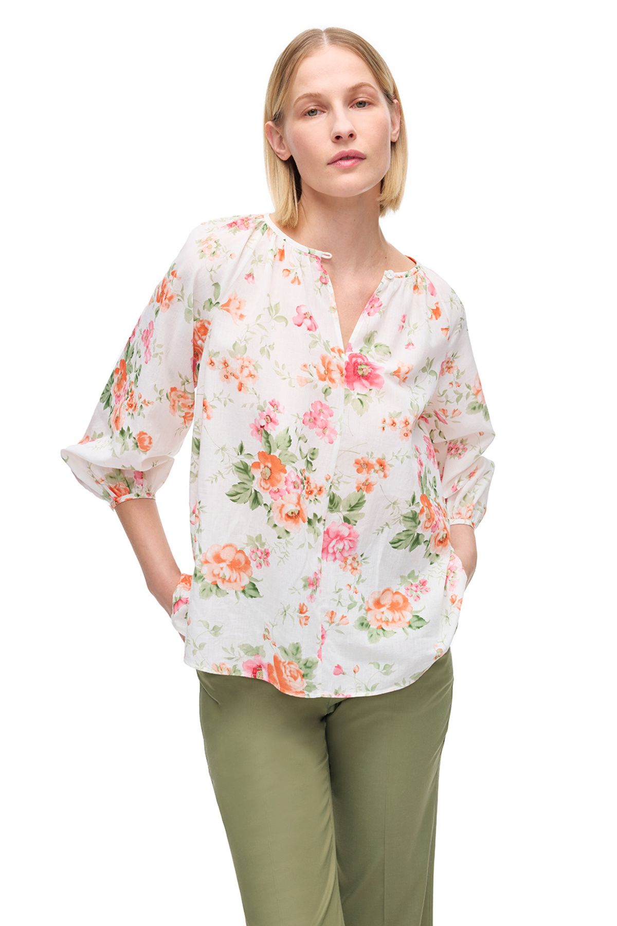 Perspective-Ecru Clios Comfortable Fit Round Neck Floral Raglan Sleeve Blouse 2