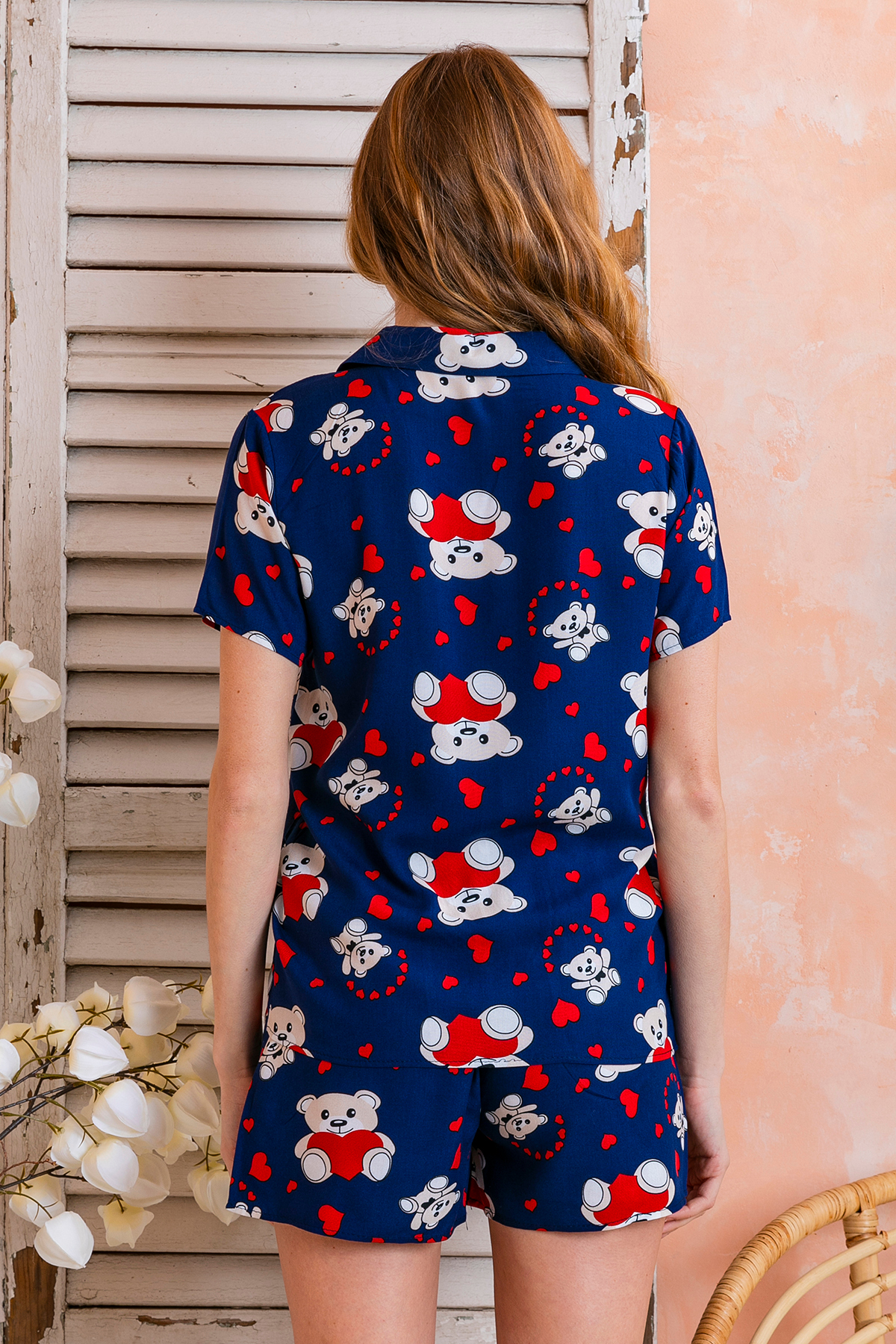 GİYSA  Kadın Gömlek Yaka Şortlu Desenli Pijama Takımı Lacivert - 925046 - Görsel 6