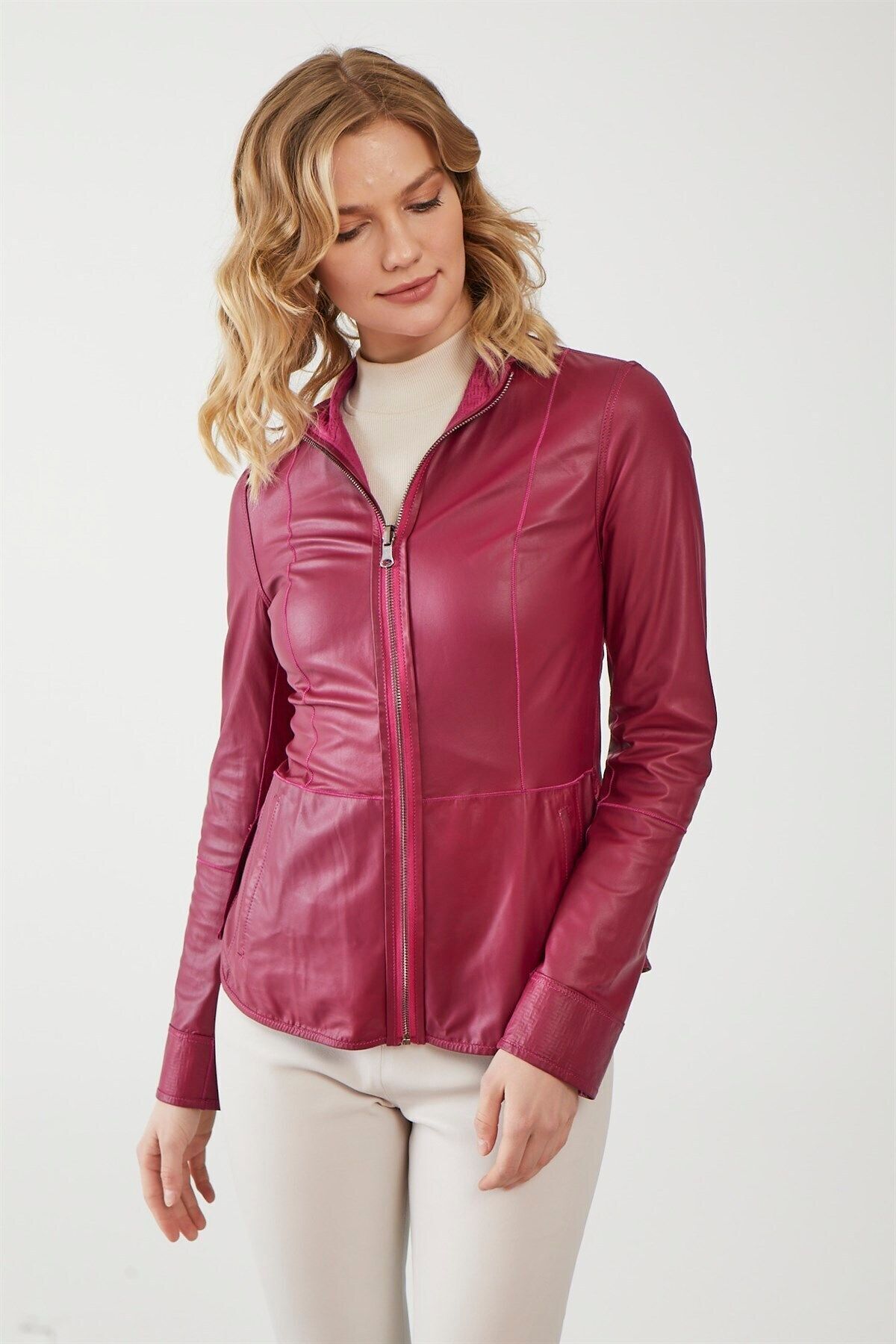 Deriderim-Aisha Dark Pink Women's Double-Sided Genuine Leather Coat 7