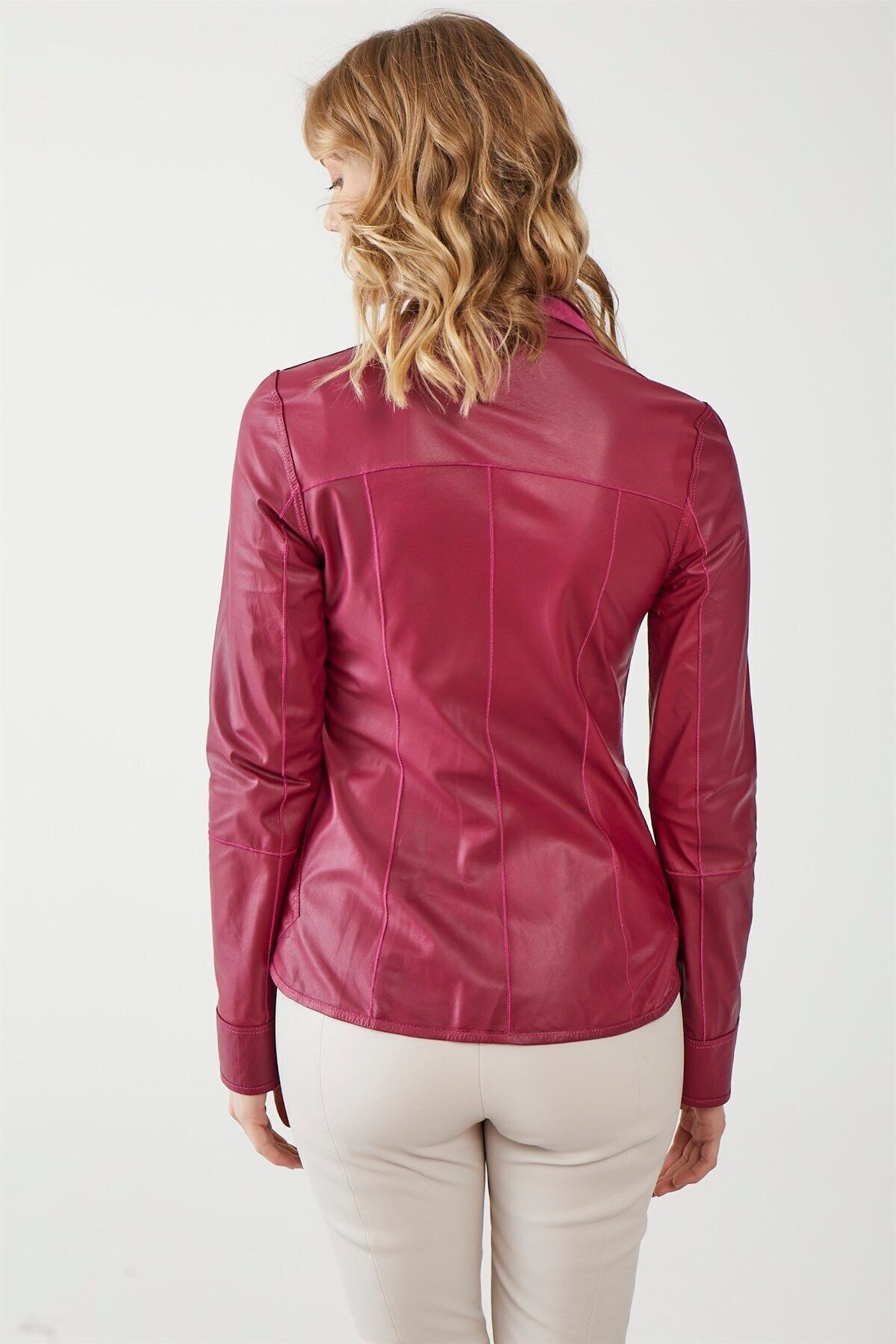 Deriderim-Aisha Dark Pink Women's Double-Sided Genuine Leather Coat 8