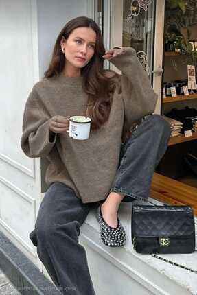 trikomode Vizon Bisiklet Yaka Oversize Kadın Yumuşak Doku Triko Kazak