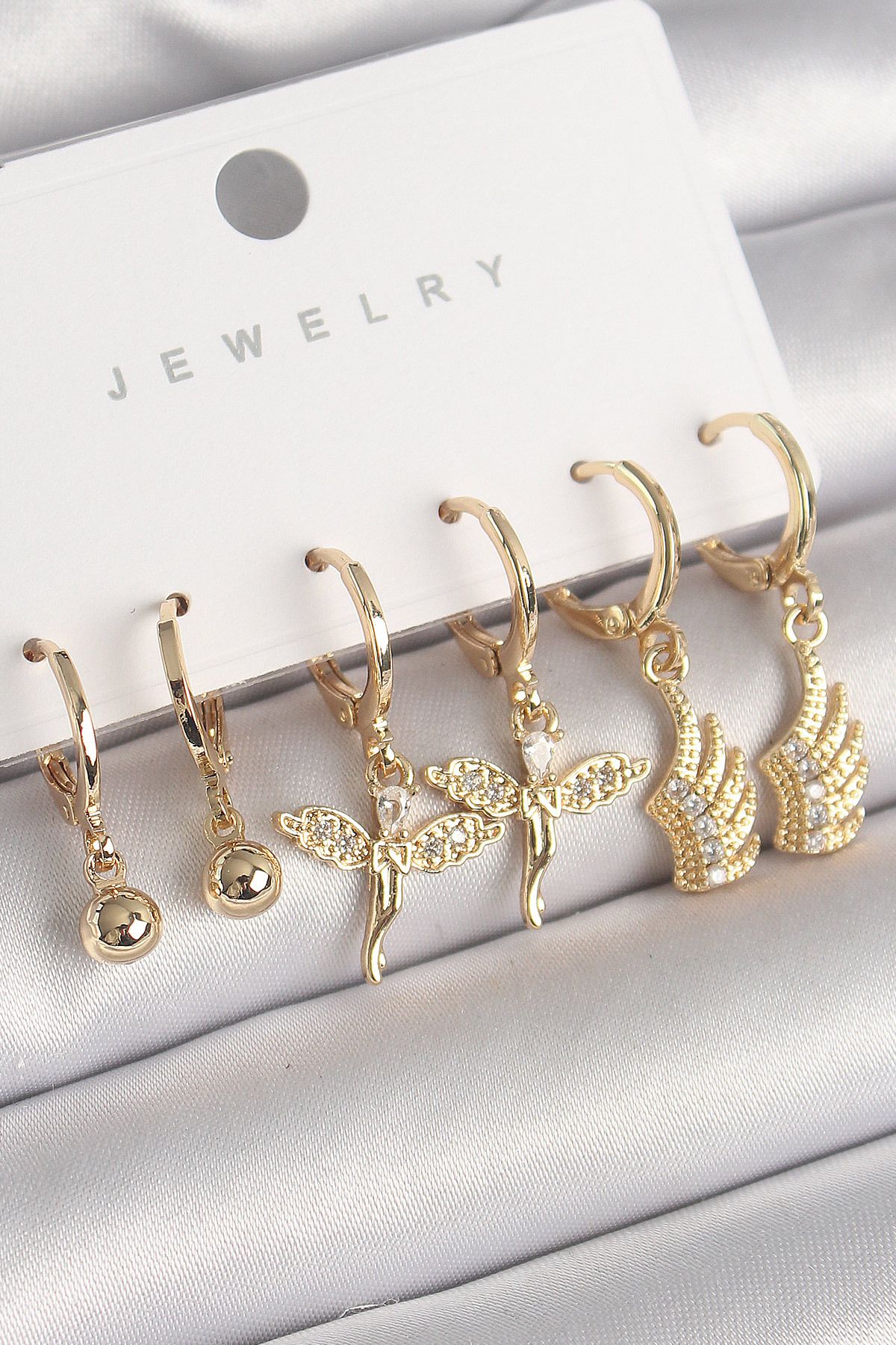 BZK ACCESSORİES Pirinç Gold Renk Sallantı Zirkon Taşlı Melek Model Kanat Detay Kadın Küpe Seti