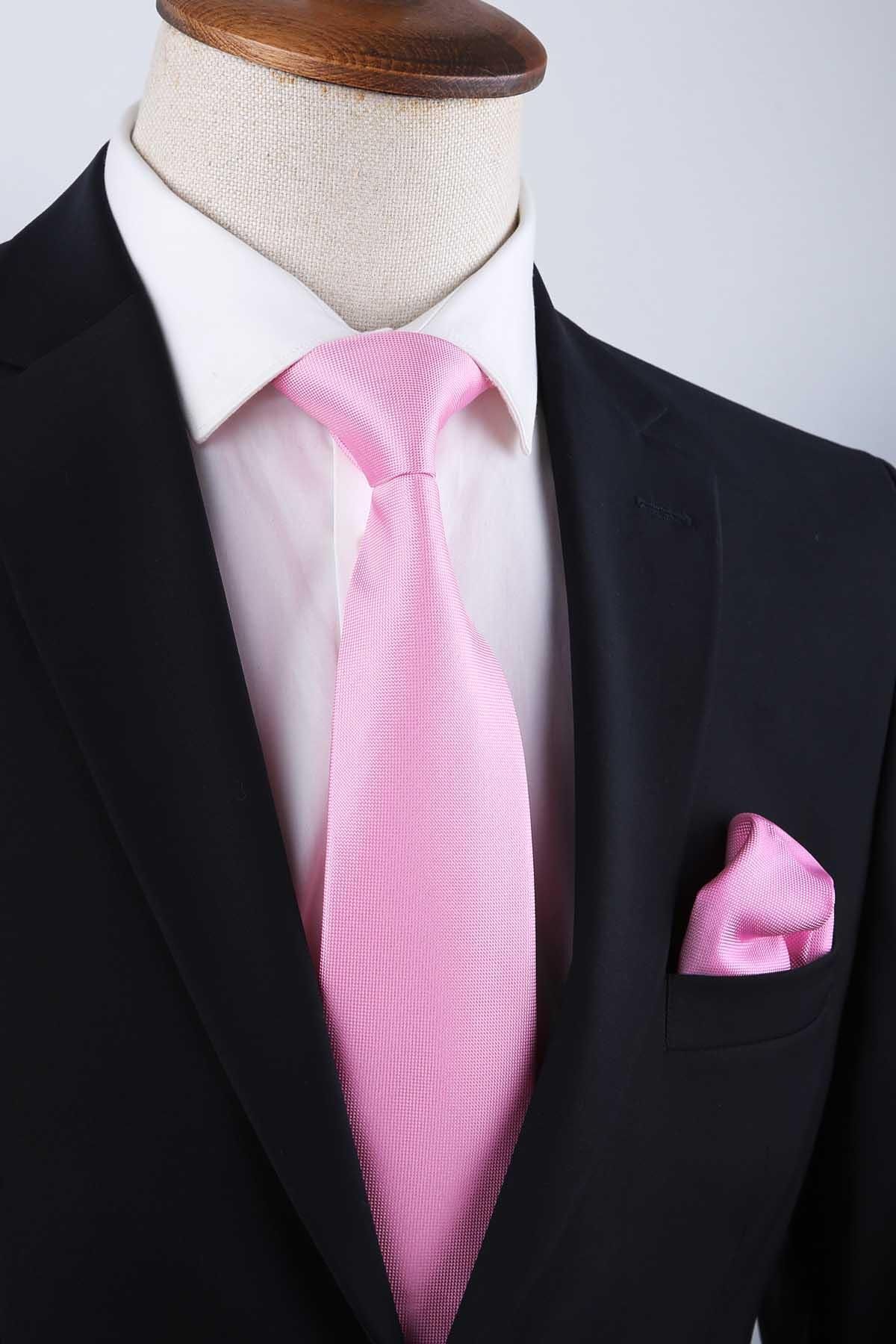 Kravatkolik-Classic Tie with Pink Plain Handkerchief Kk13160 6