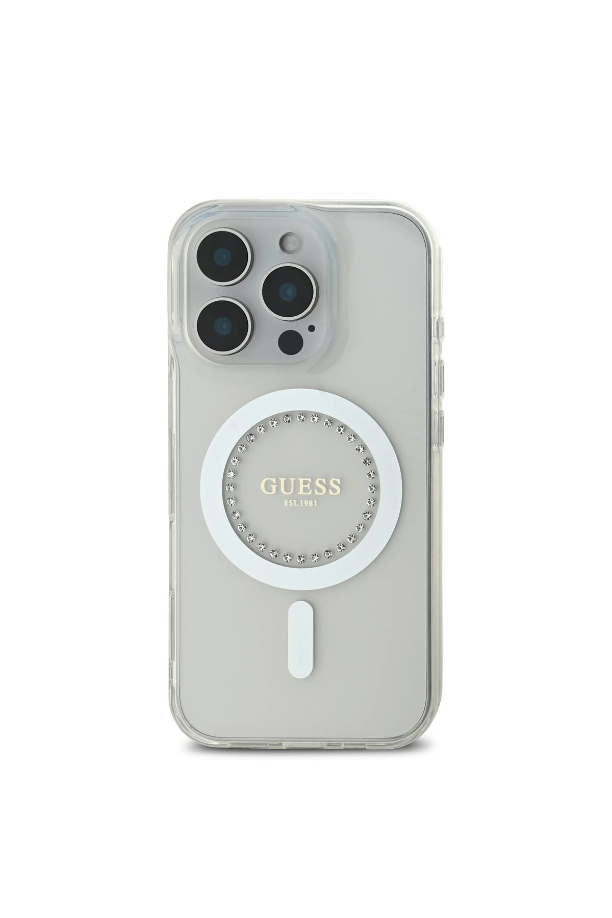 CG Mobile-جراب Guess Magsafe Iml الصلب بتصميم مرصع بأحجار الراين لهاتف iPhone 16 Pro Max - أبيض 7