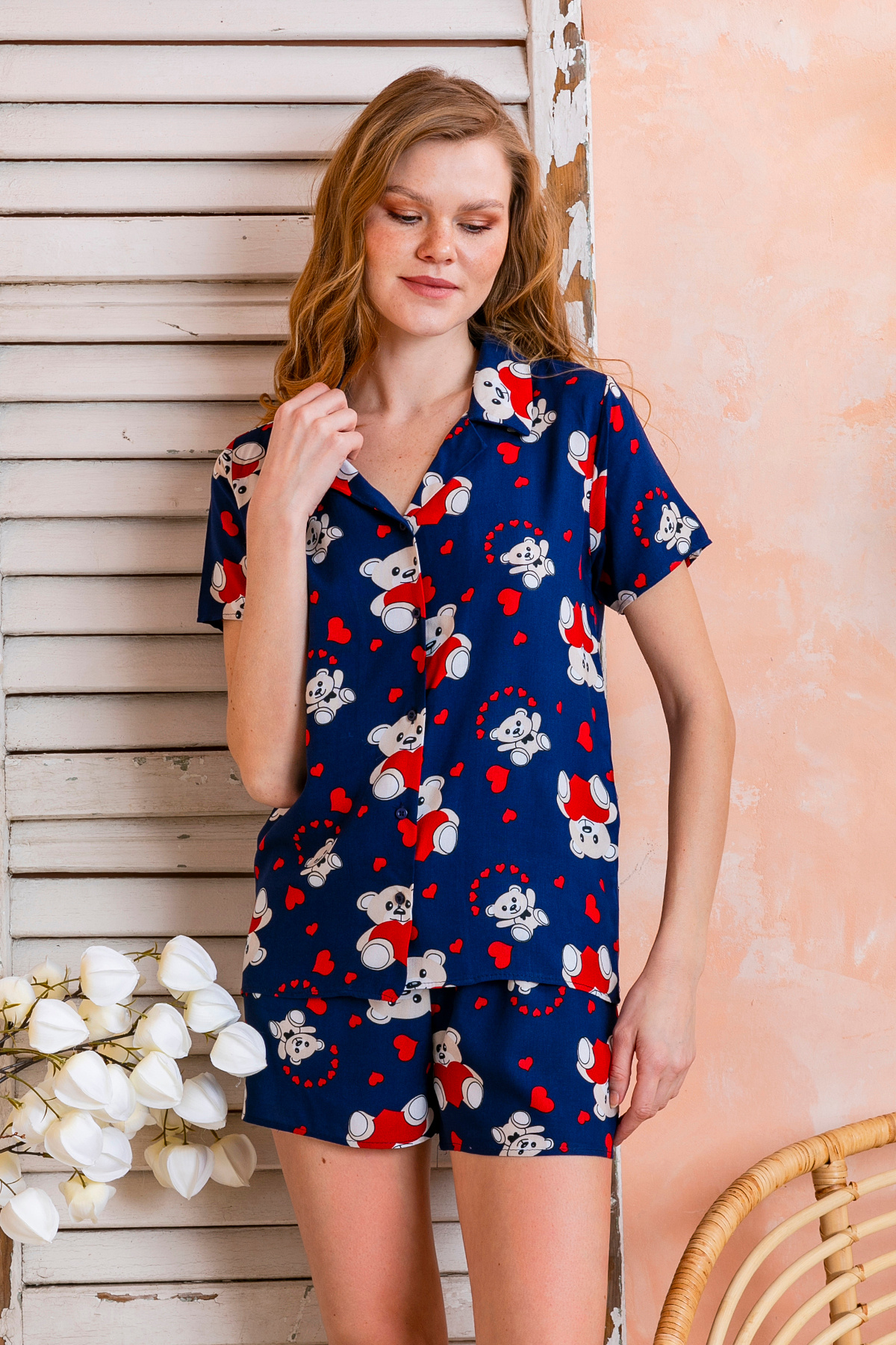 GİYSA  Kadın Gömlek Yaka Şortlu Desenli Pijama Takımı Lacivert - 925046 - Görsel 8