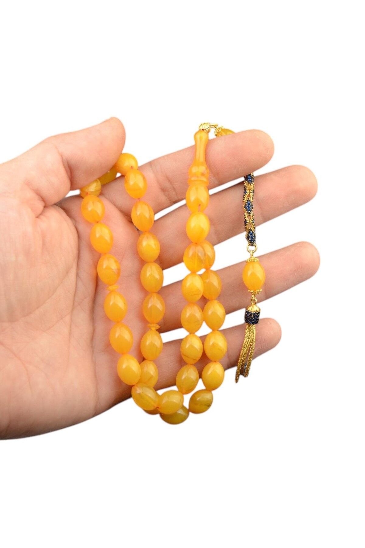 Burhan Sağlam-Special Series Barley Cut Silver Tasseled 12X9 mm Crimping Amber Prayer Beads 1