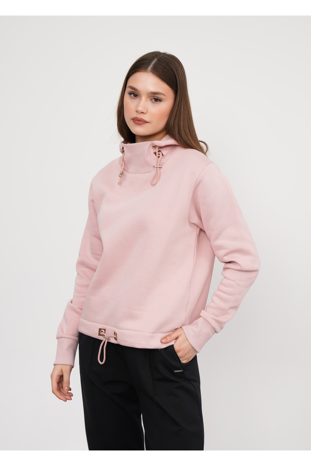 Genel Markalar  Pembe 3 iplik Kumaştan Eteği ve Kapşon Kordon Detaylı Kadın SweatShirt - Görsel 4