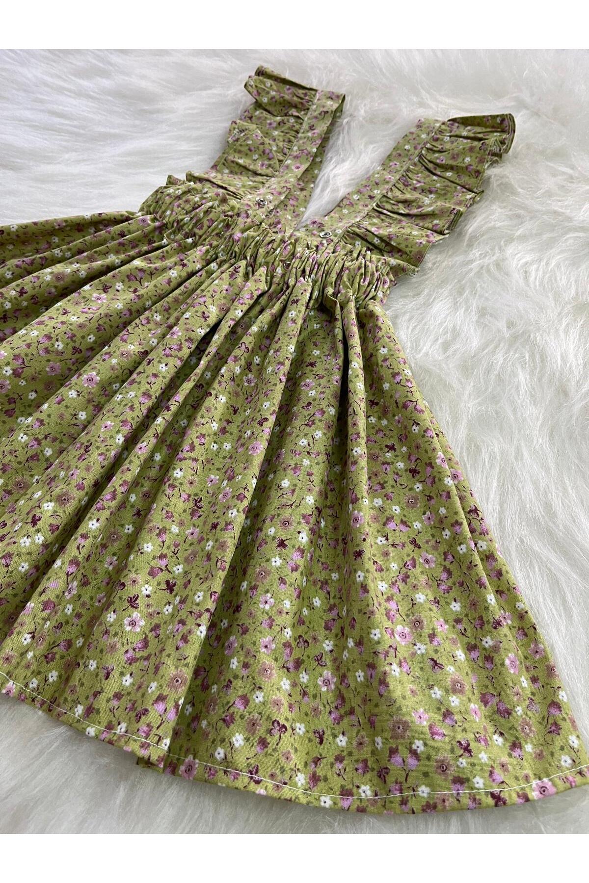Eylülce Butik KIZ ÇOCUK YEŞİL ÇİÇEKLİ FİYONKLU FIRFIR ASKILI SALOPET ELBİSE  (%100 PAMUK KUMAŞTAN ÜRETİLMİŞTİR.) fotoğrafı 7 (önizleme)