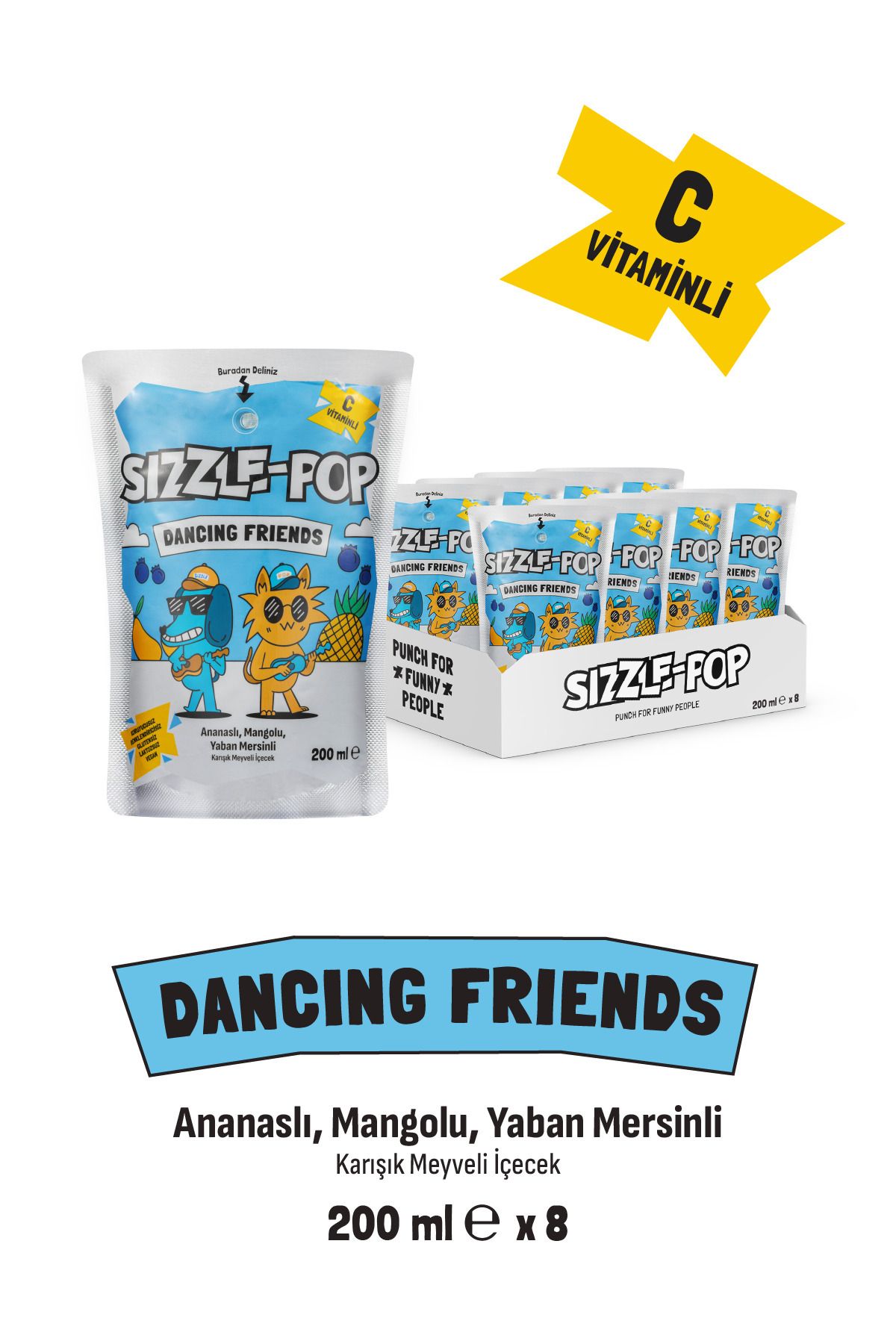SIZZLE-POP DANCING FRIENDS ANANAS MANGO YABANMERSİNİ MEYVE SUYU 200 ML X 8 ADET