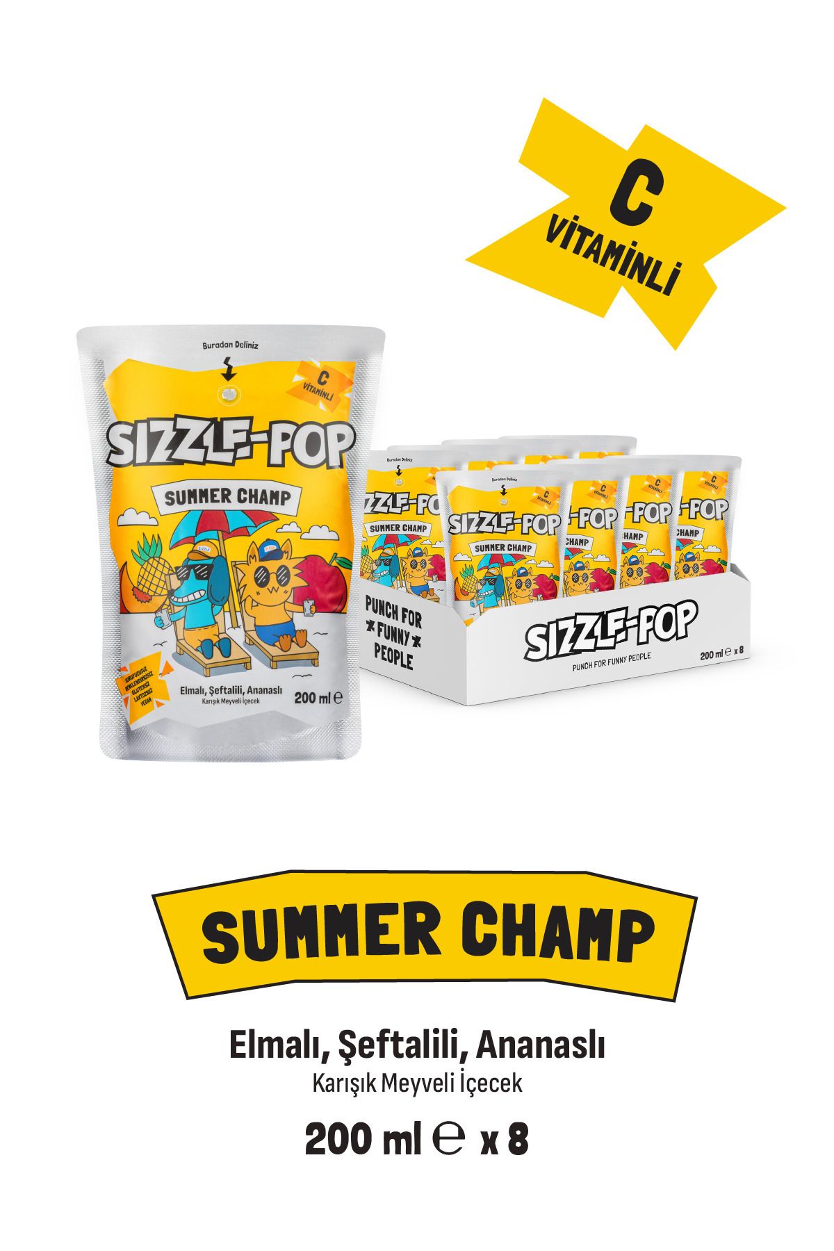 SIZZLE-POP SUMMER CHAMP ŞEFTALİ ELMA ANANAS MEYVE SUYU 200 ML X 8 ADET