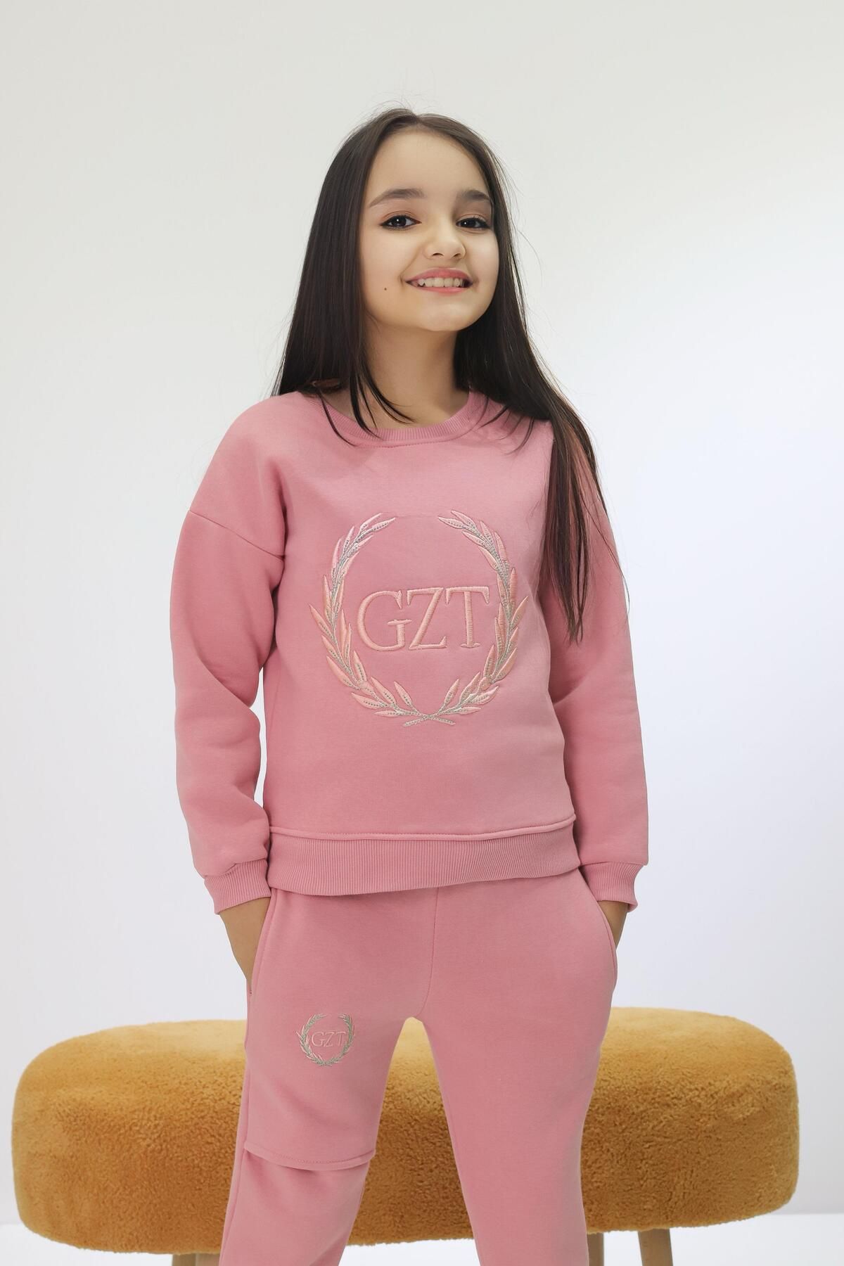 GZT TEKSTİL-Pink Dream Girl's Embroidered Tracksuit Set 1