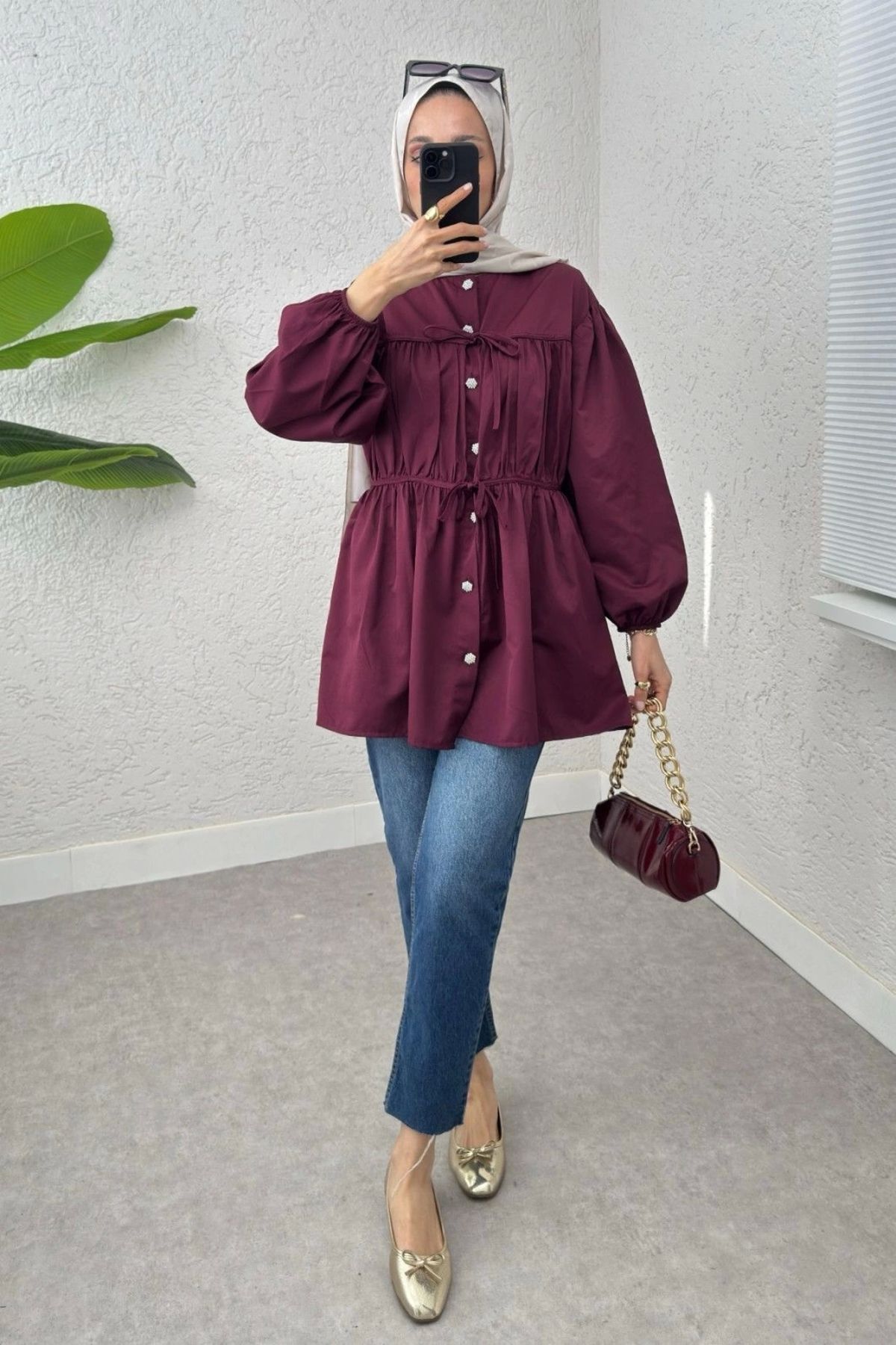 DEFNECE BOUTIQUE-Burgundy Tunic - Lace-Up and Drawstring 4