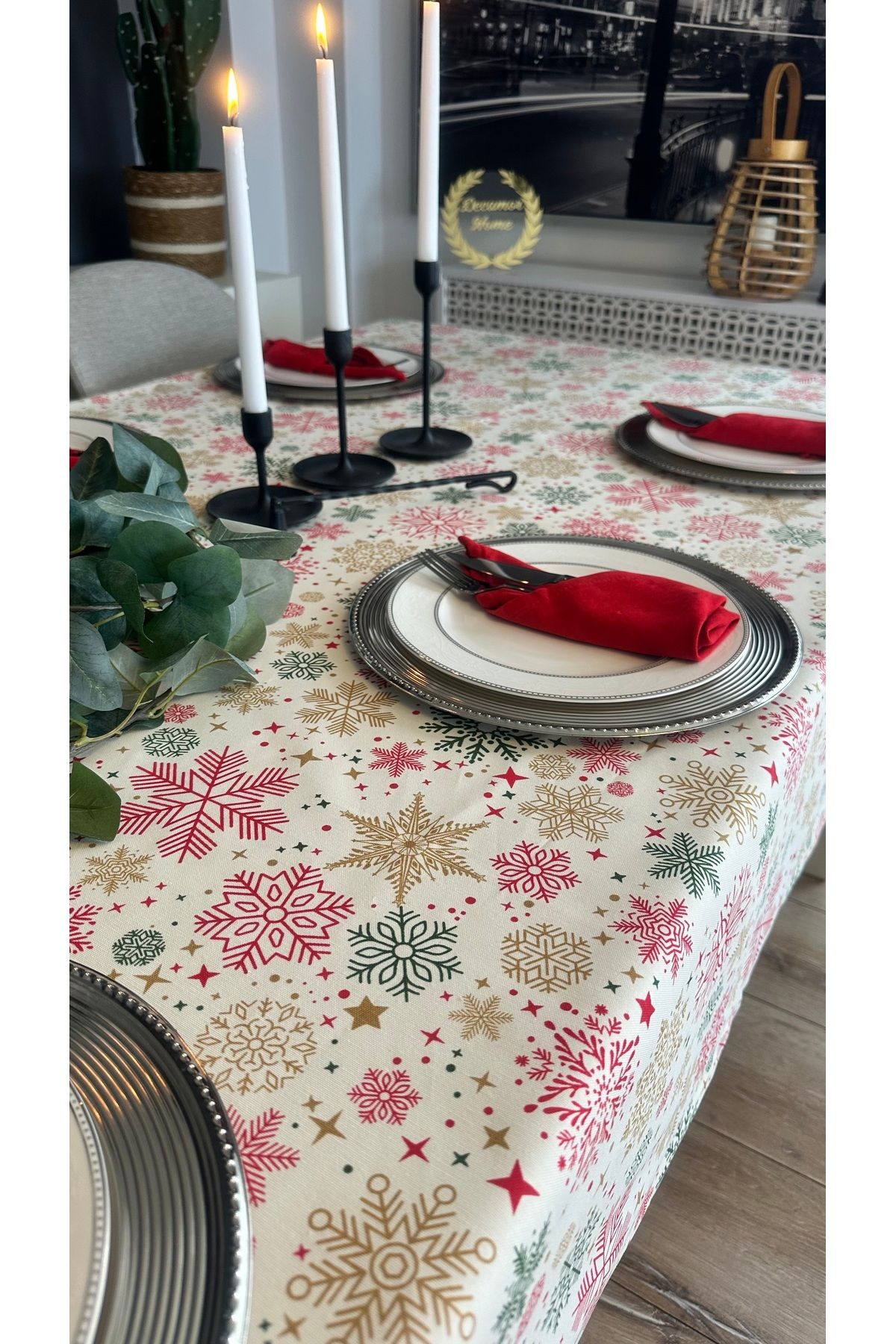 Decamor home-Snowflake Patterned Stain-Proof Liquid-Proof Ecru Red Tablecloth 3