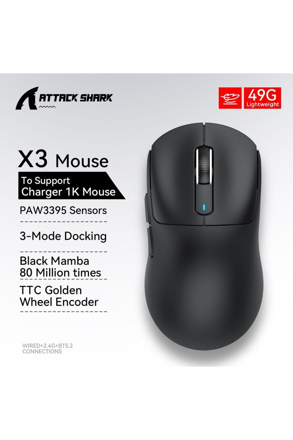 Choice-X3 1K Black Attack Shark  X3Pro X3 Wireless Mouse Lightweight PAW3395 26000dpi Tri-Mode Connection M 1