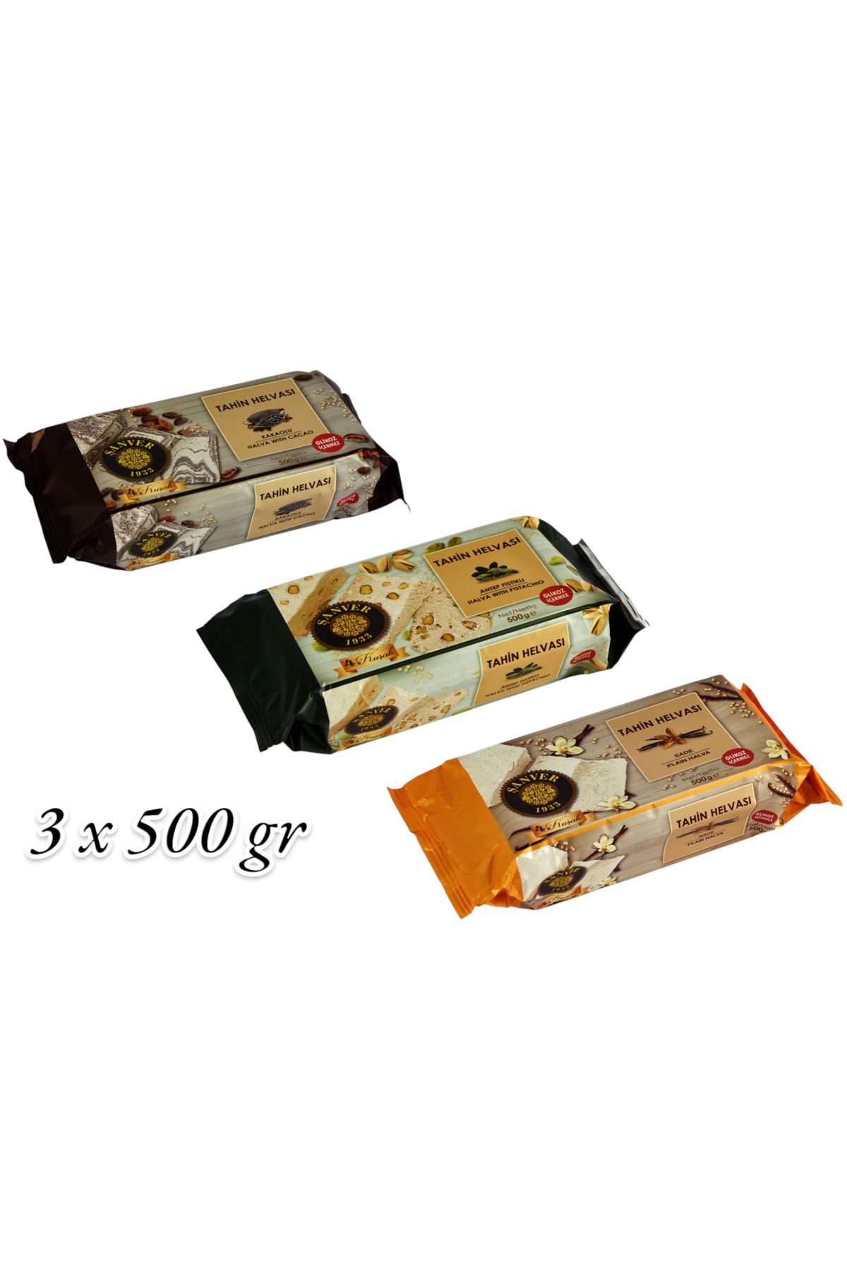 Şanver TAHİN HELVASI 3 LÜ PAKET-GLİKOZ İÇERMEZ (3 AD. X 500 GR) (SADE-KAKAOLU-ANTEP FISTIKLI)