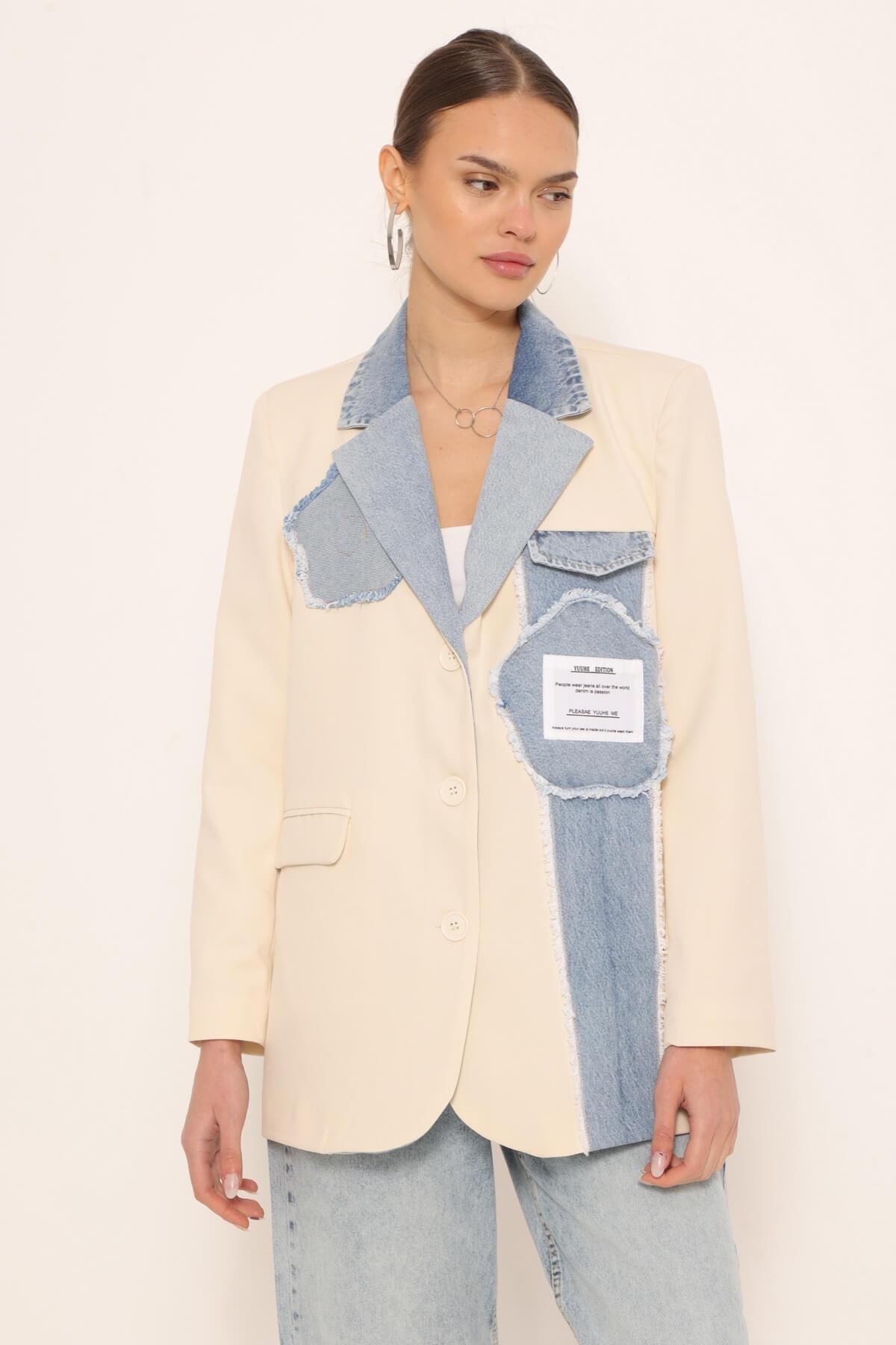 Coral-Denim Garnished Jacket Stone Collar 2