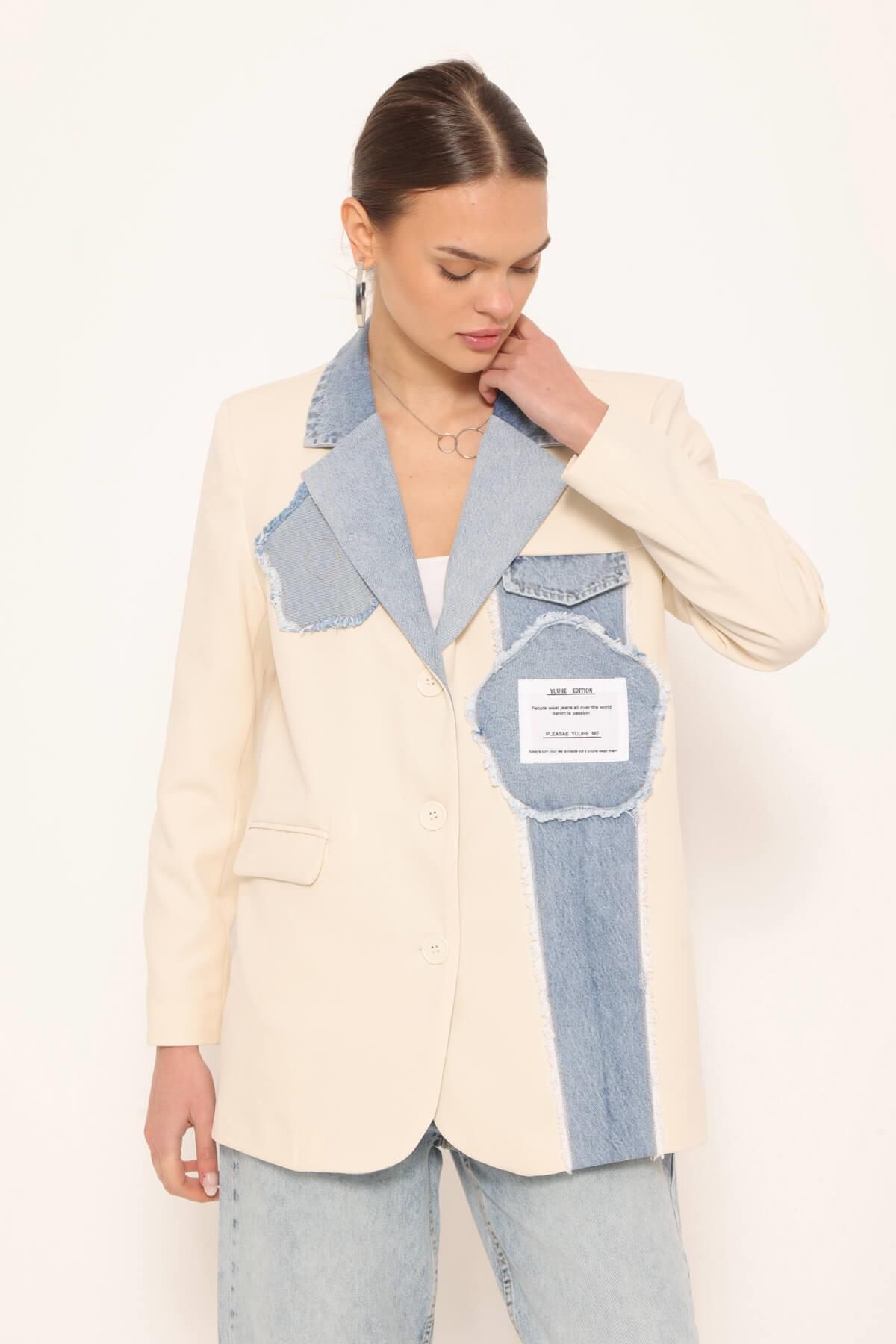 Coral-Denim Garnished Jacket Stone Collar 7