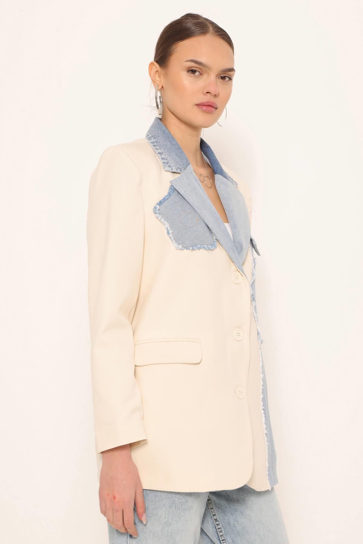 Coral-Denim Garnished Jacket Stone Collar 6