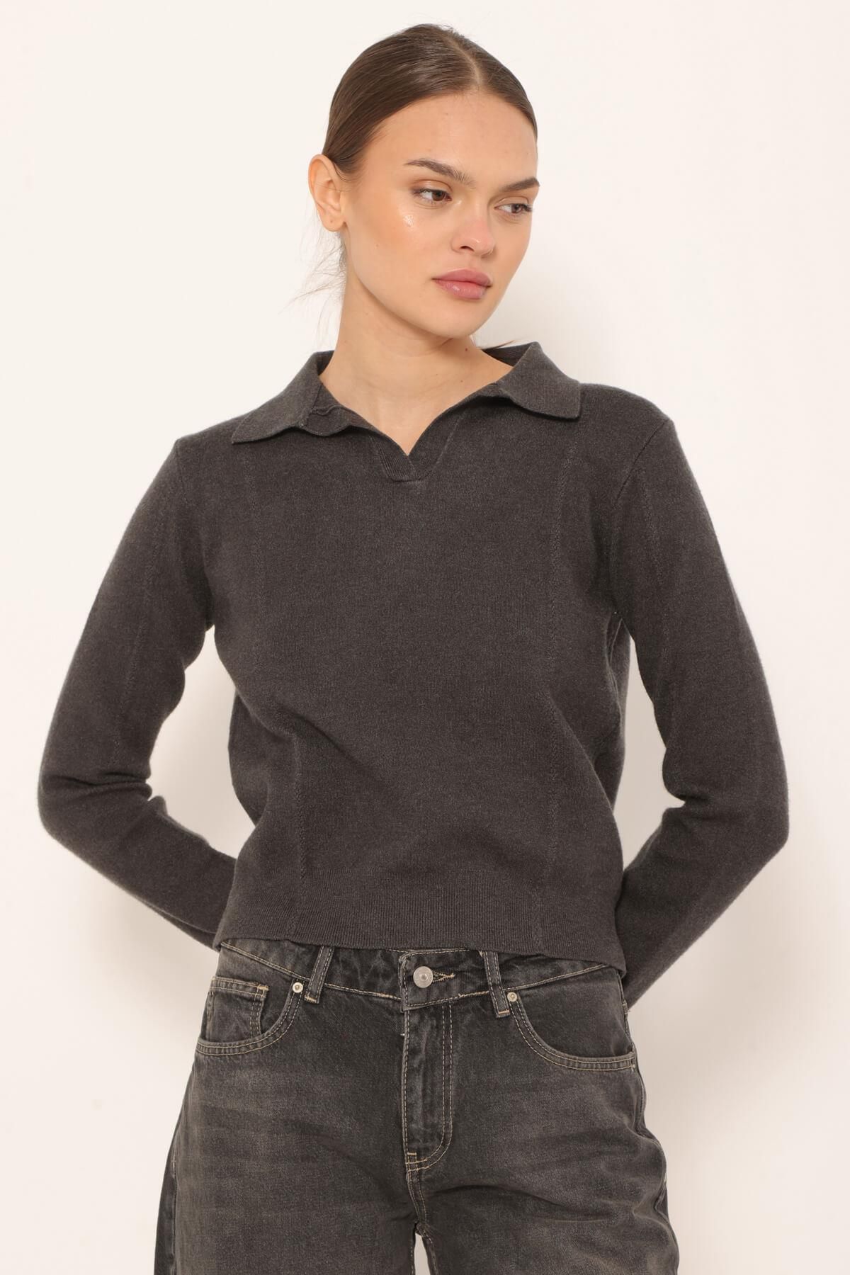 Coral-Gray Polo Collar Sweater 2