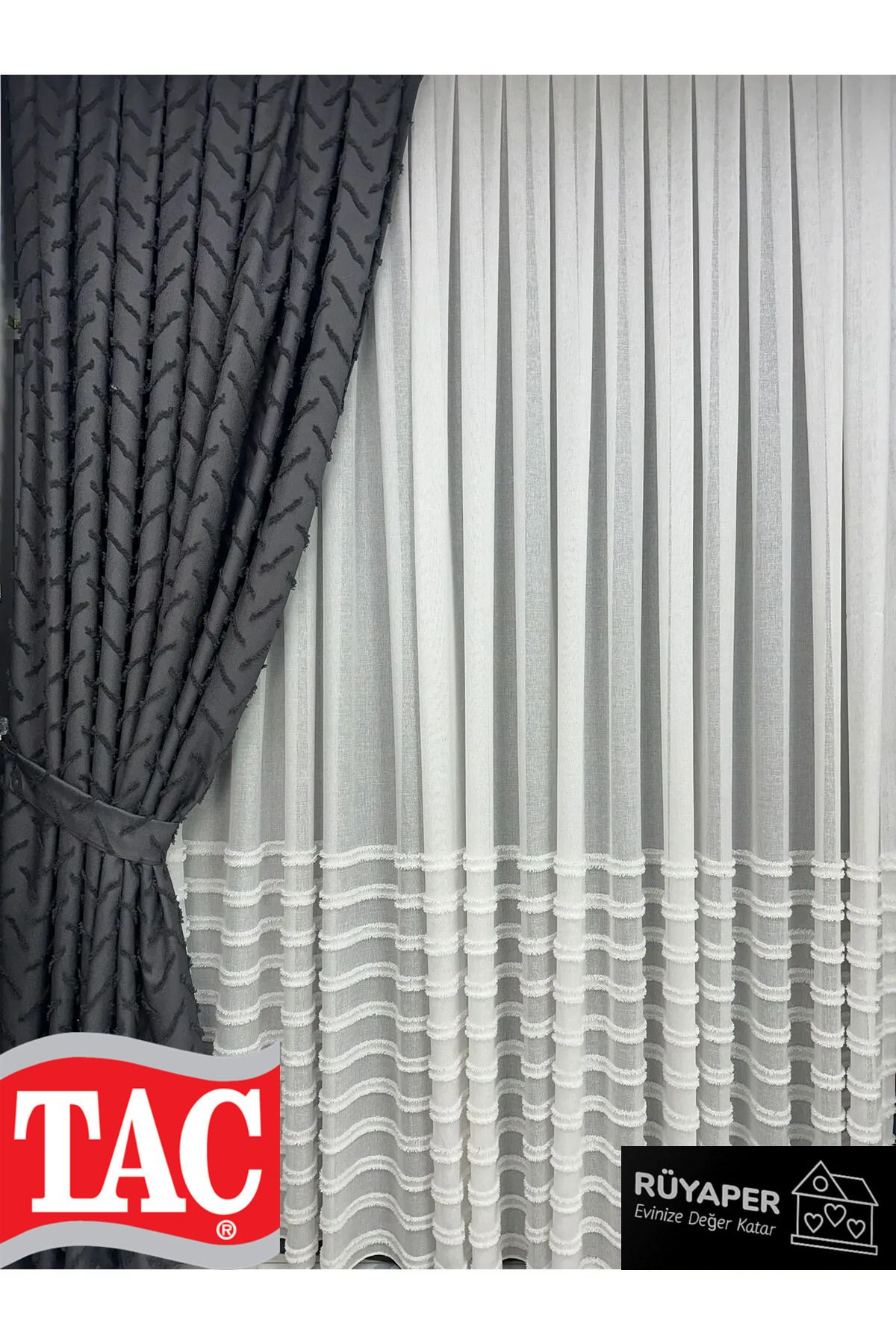 Taç-Dreamper Anthracite Background Curtain Linen 1St Quality Brochol Gift (Single Wing) 3